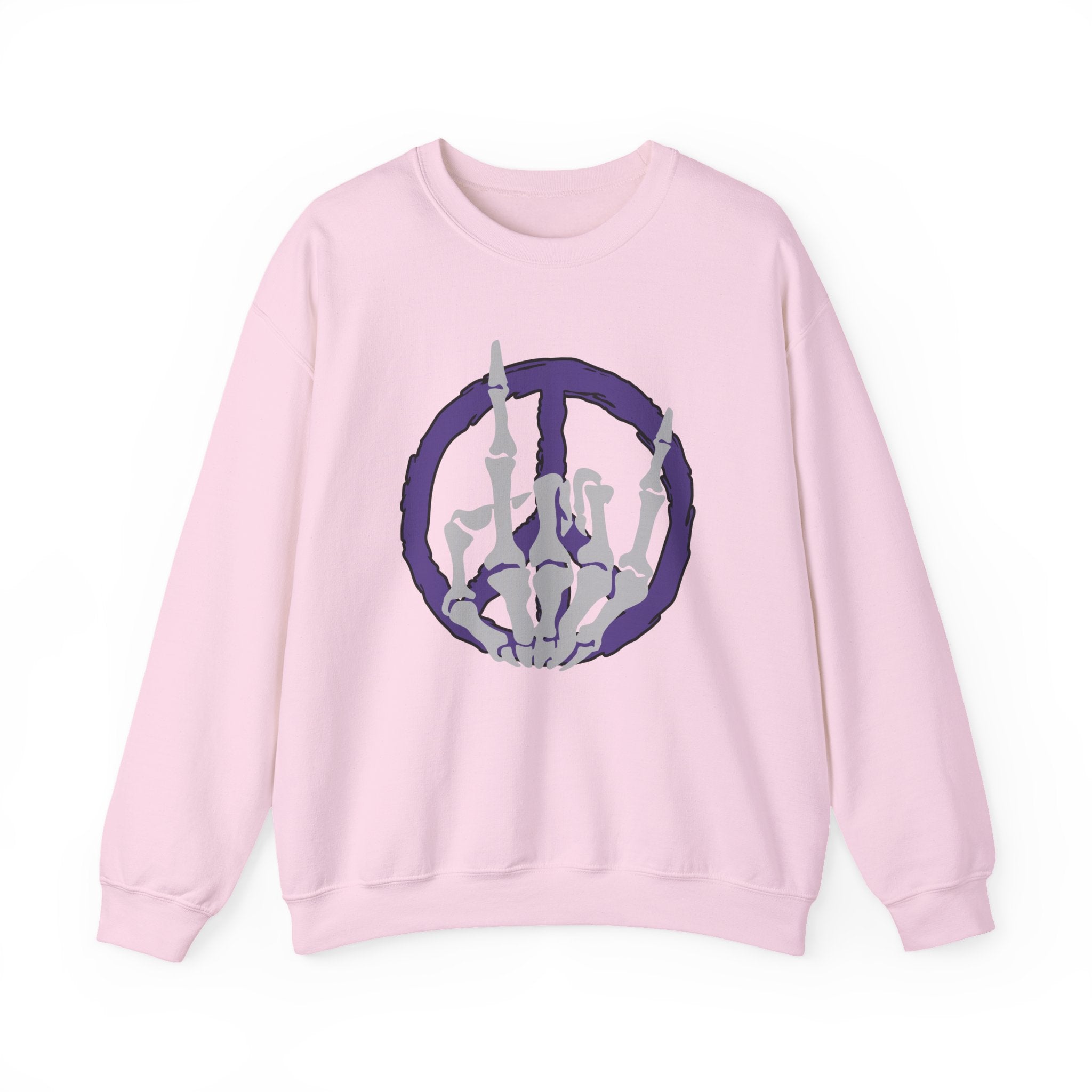 Pink sweatshirt with a skeleton hand peace sign design on a white background