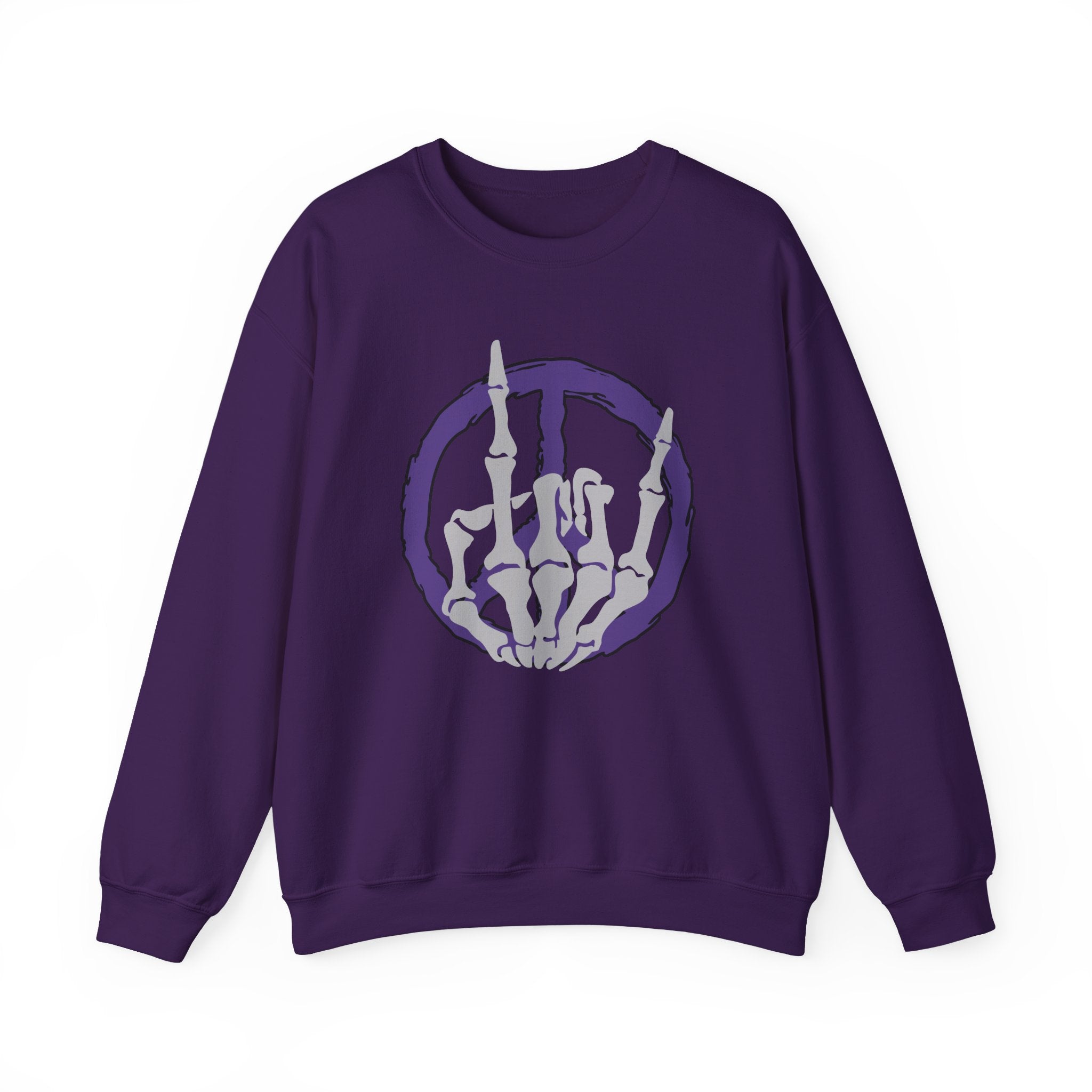 Purple sweatshirt with a skeleton hand design on a white background