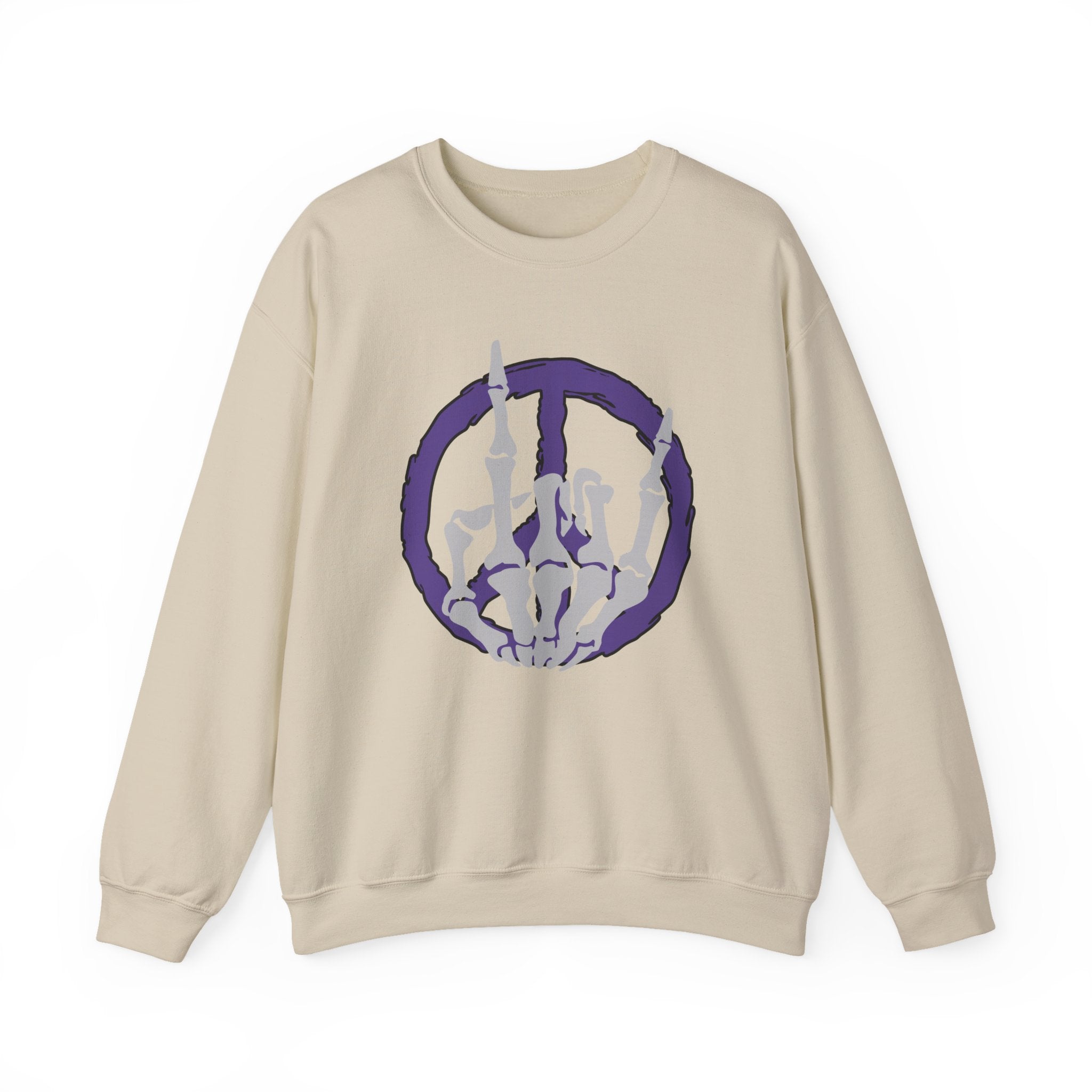 Beige sweatshirt with a purple and gray design on a white background