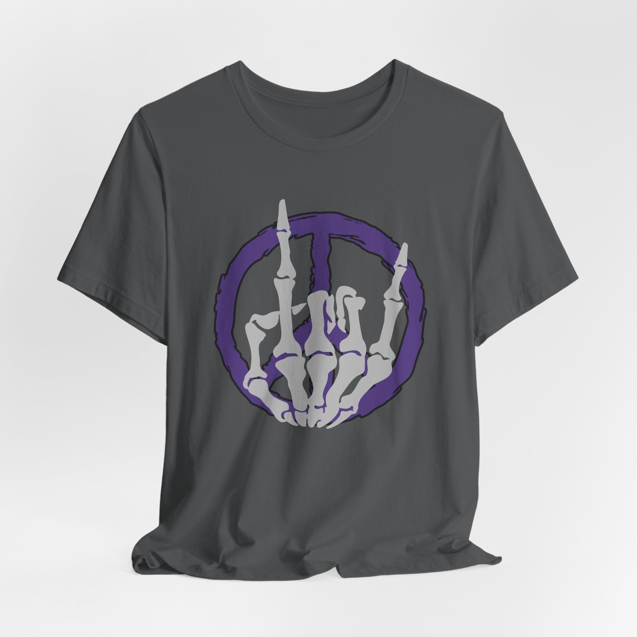 Asphalt gray t-shirt with a cool skeleton symbol in a purple peace sign design on a light gray background