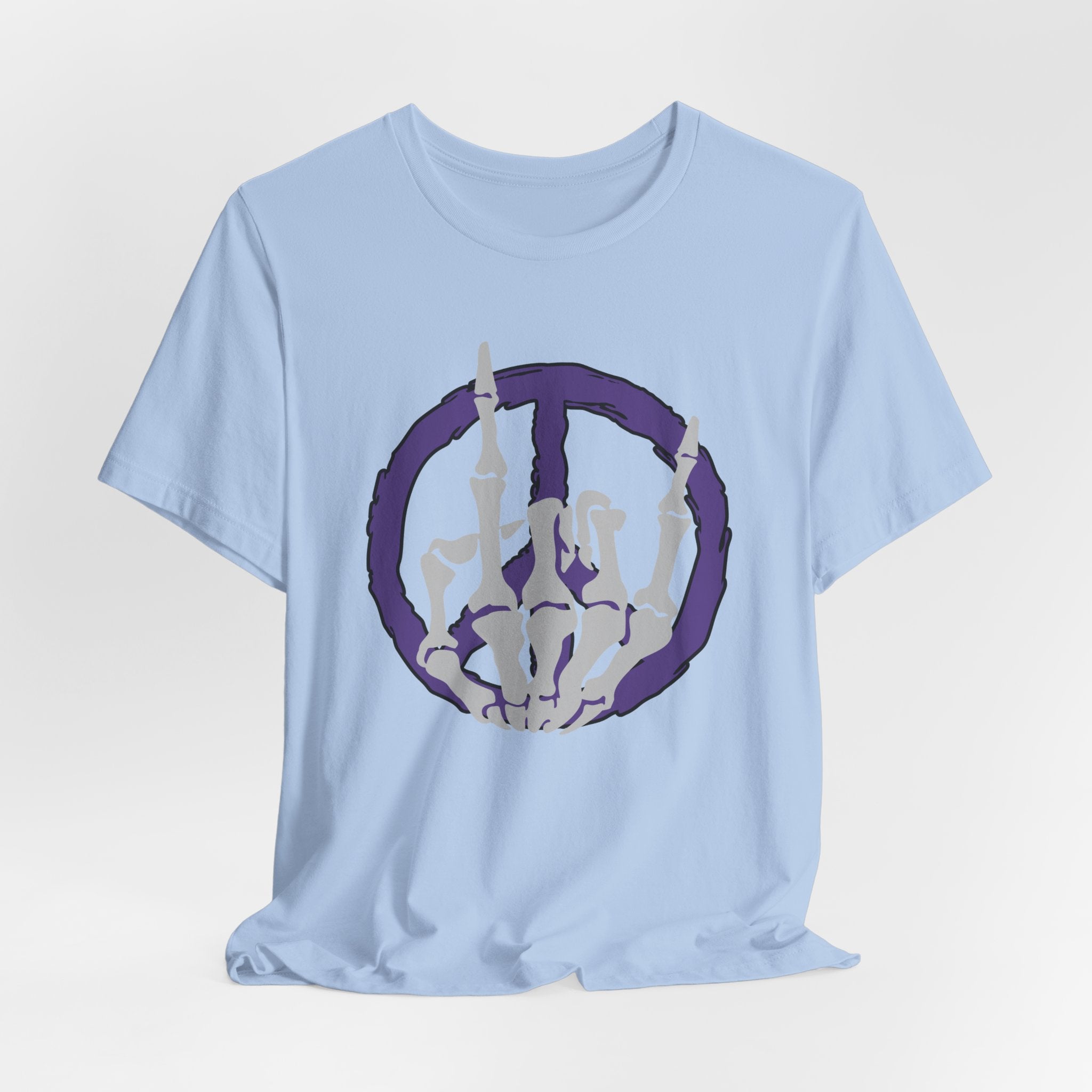 Light blue t-shirt with a cool skeleton symbol in a purple peace sign design on a light gray background