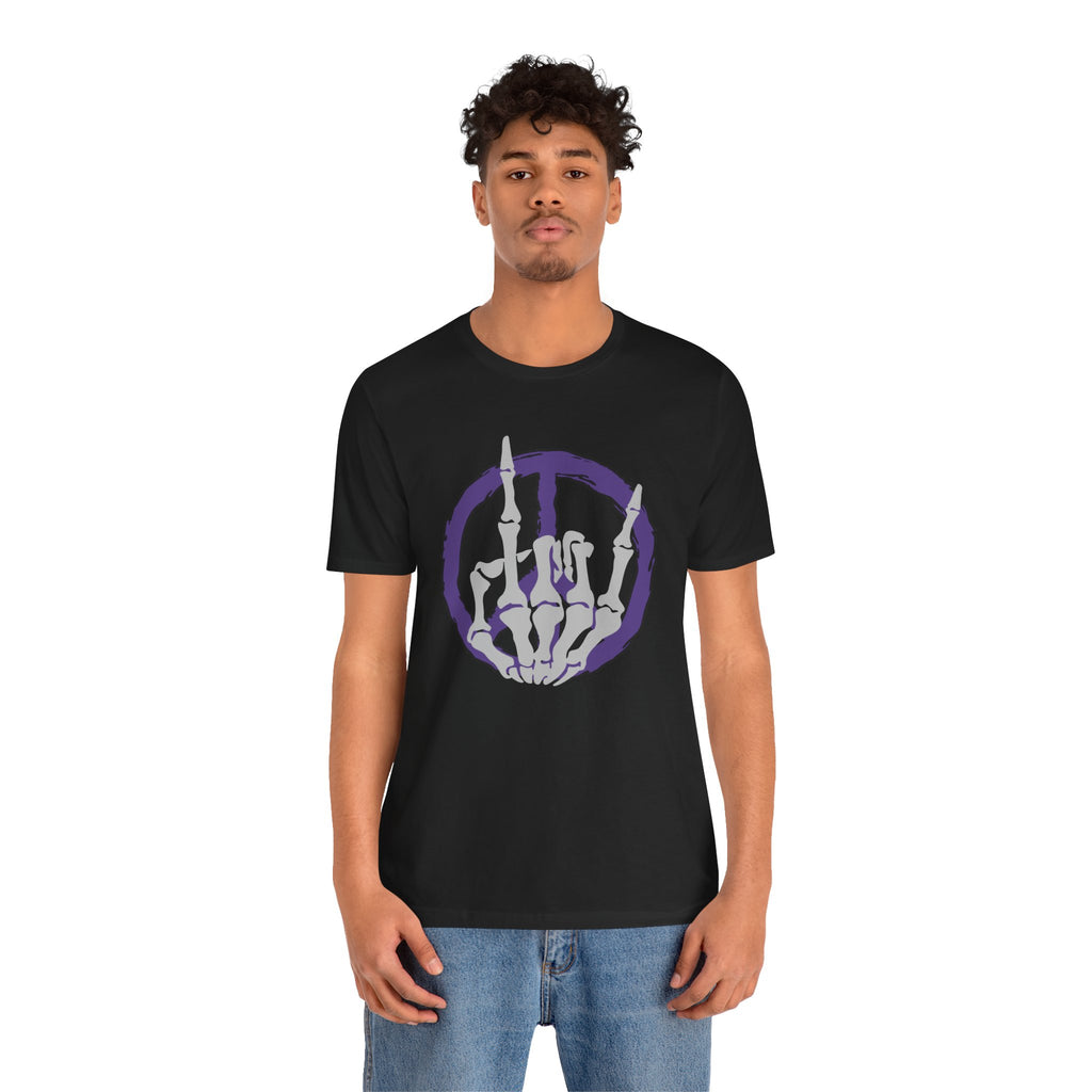 Person wearing a black t-shirt with a purple and white graphic design on a white background