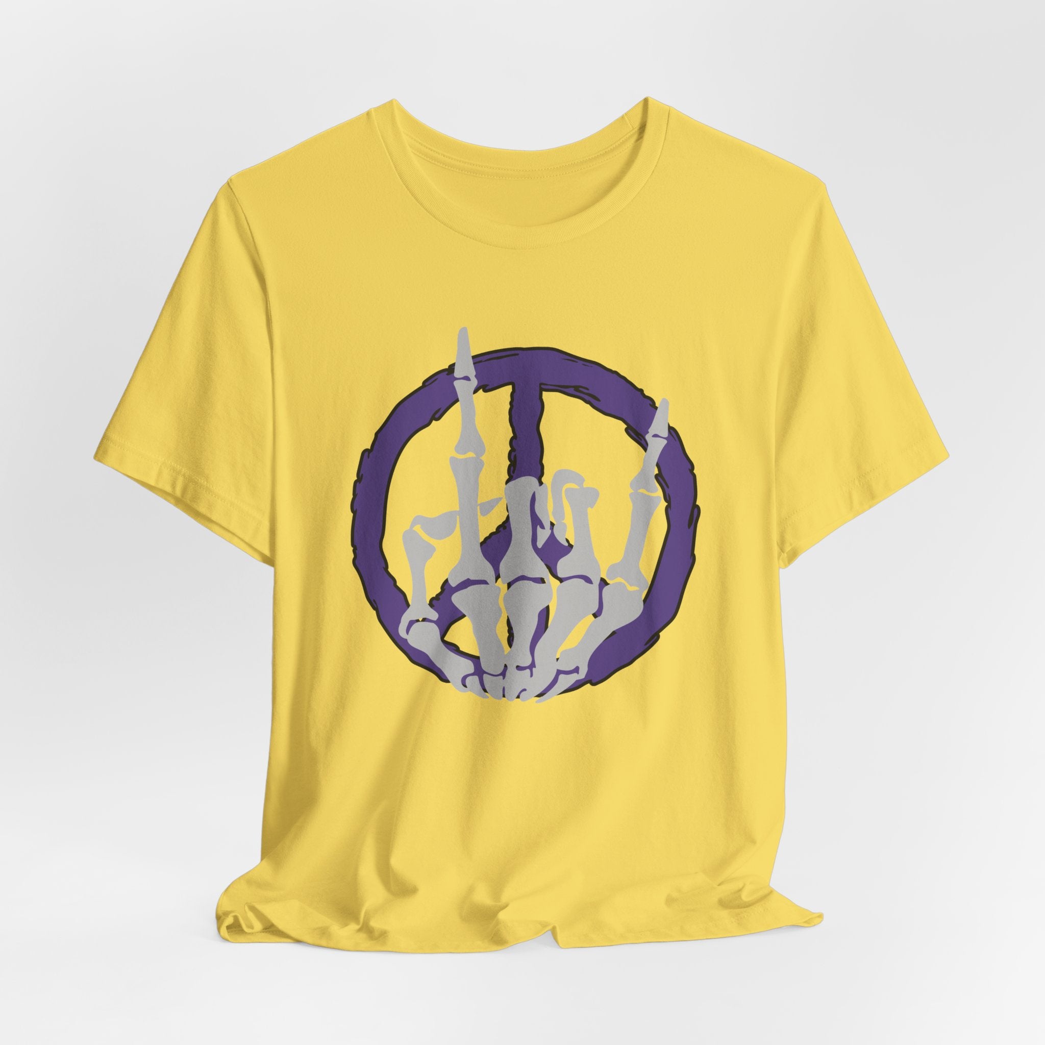 Maze yellow t-shirt with a cool skeleton symbol in a purple peace sign design on a light gray background