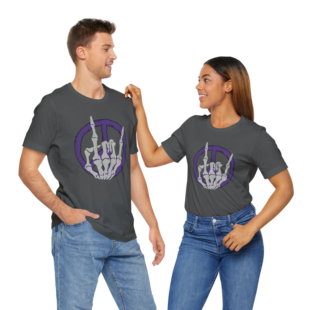 Two people wearing gray t-shirts with a purple and white graphic design on a white background