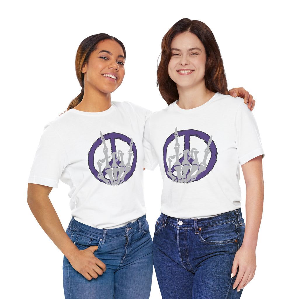 Two people wearing white t-shirts with a purple and gray design on a white background