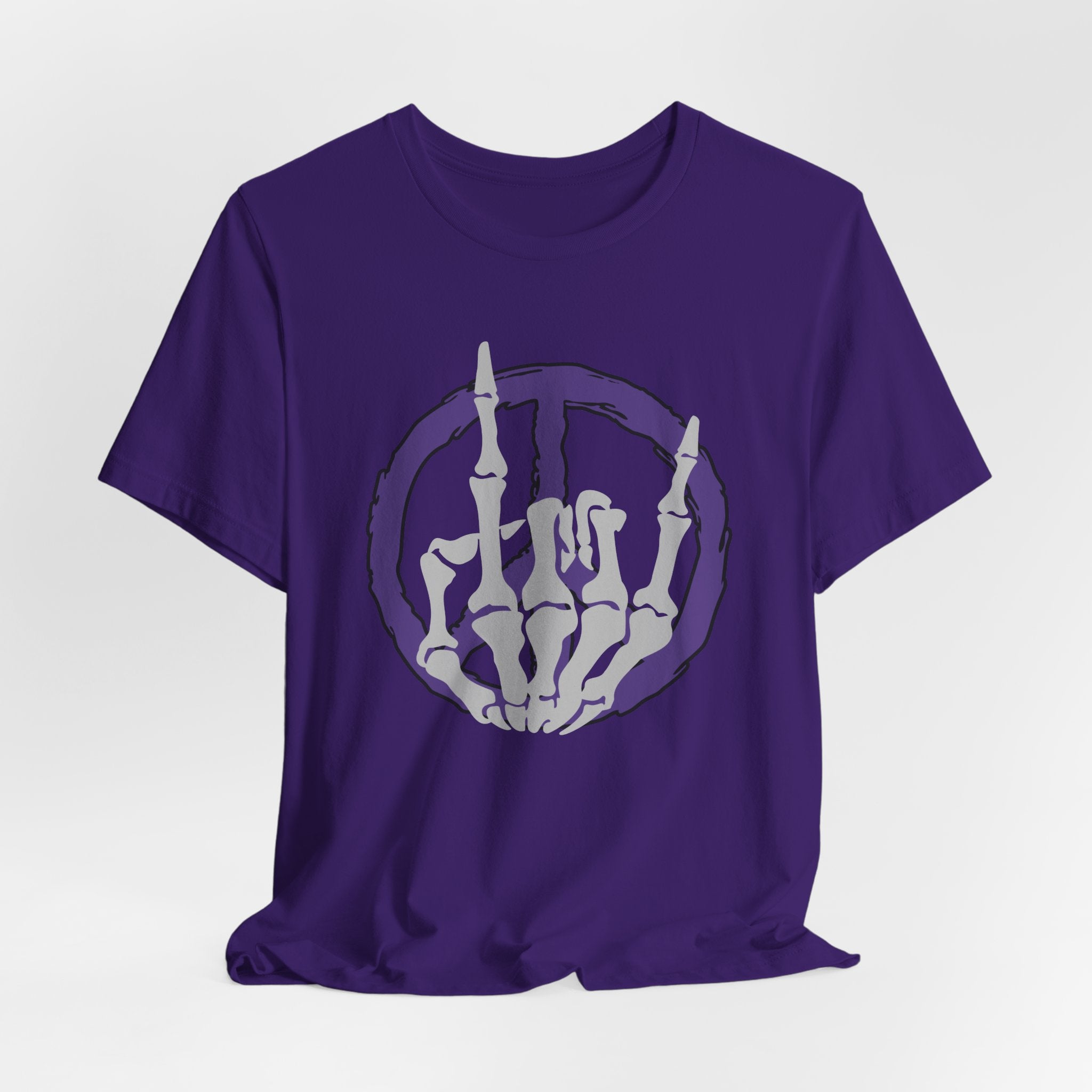 Purple t-shirt with a cool skeleton symbol in a purple peace sign design on a light gray background