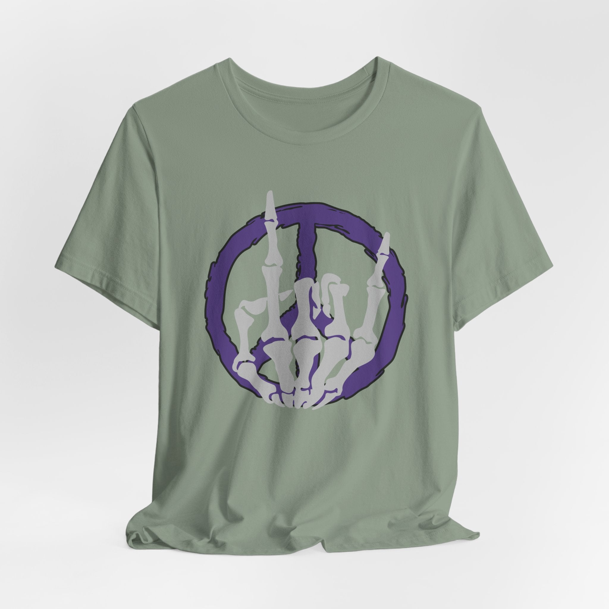 Sage green t-shirt with a cool skeleton symbol in a purple peace sign design on a light gray background