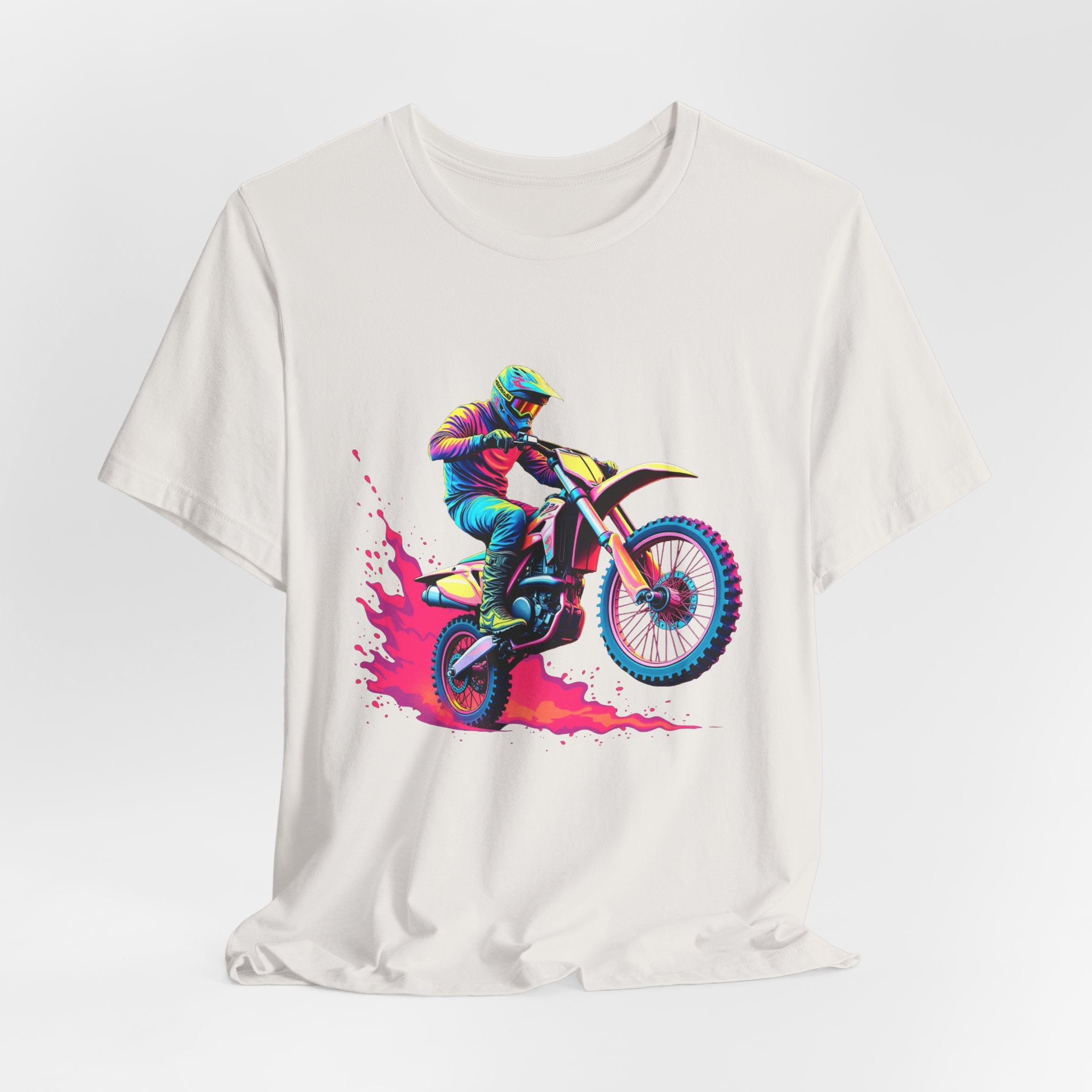 Vintage White t-shirt with a colorful graphic of a motocross rider on a bike.
