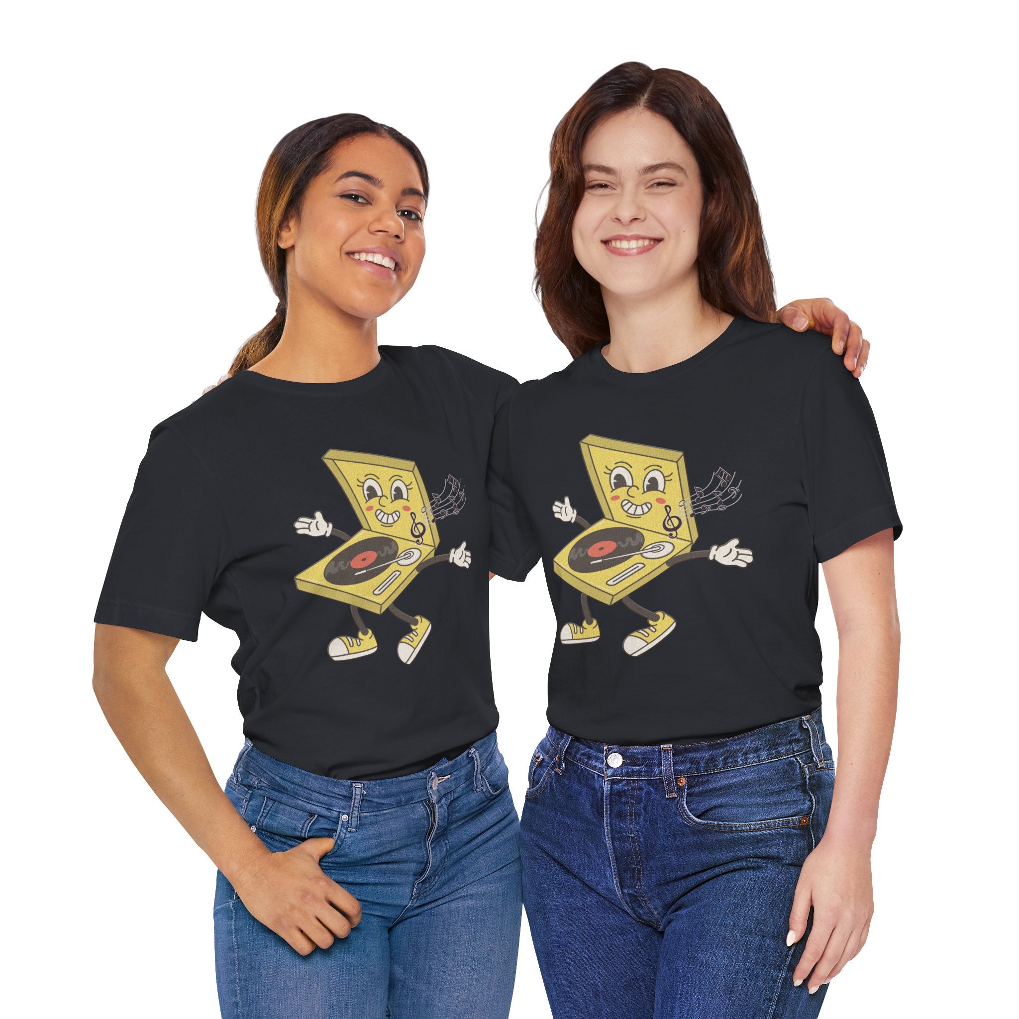 Two people wearing black t-shirts with a yellow cartoon device design on a white background
