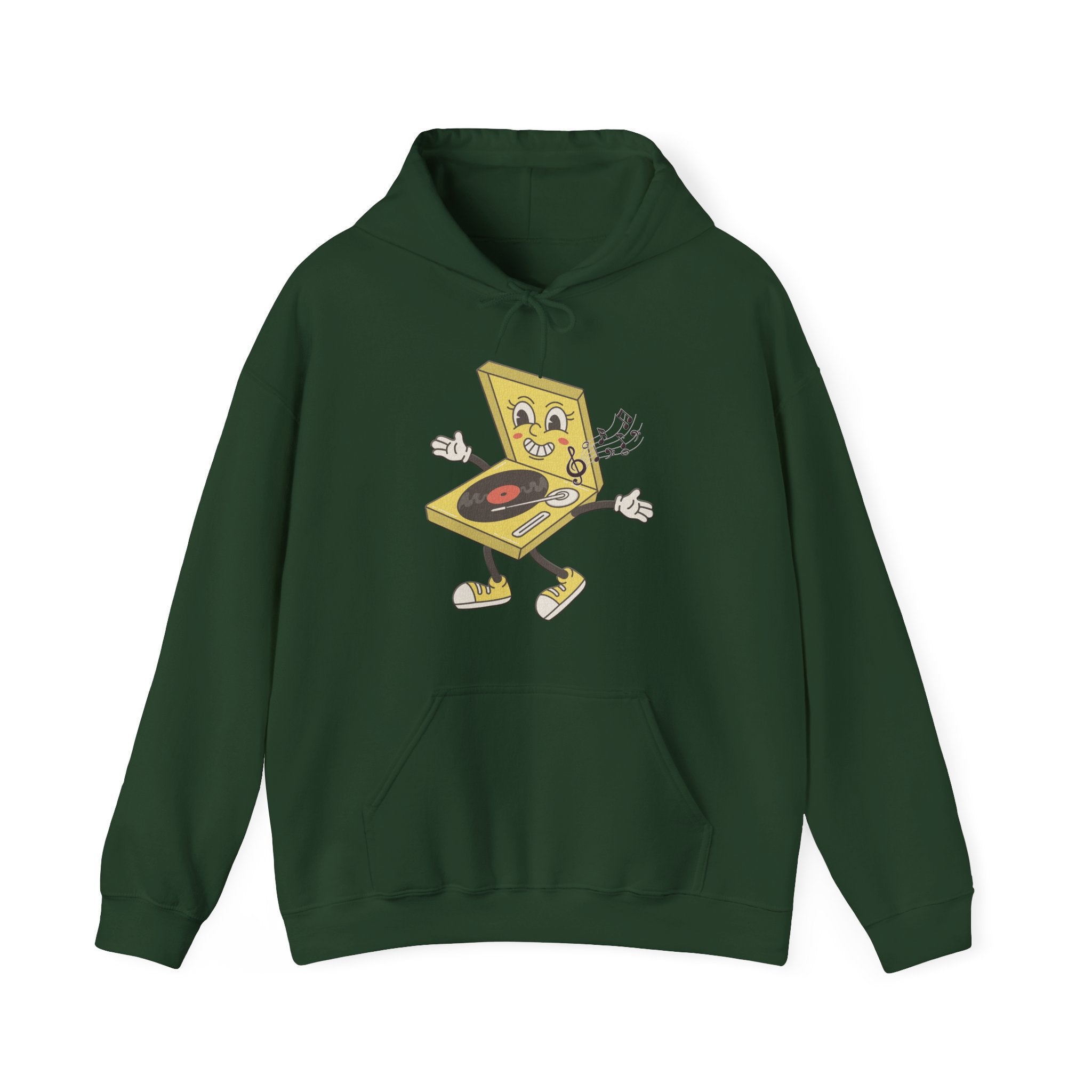 Forest green hoodie with a cartoon design on a white background