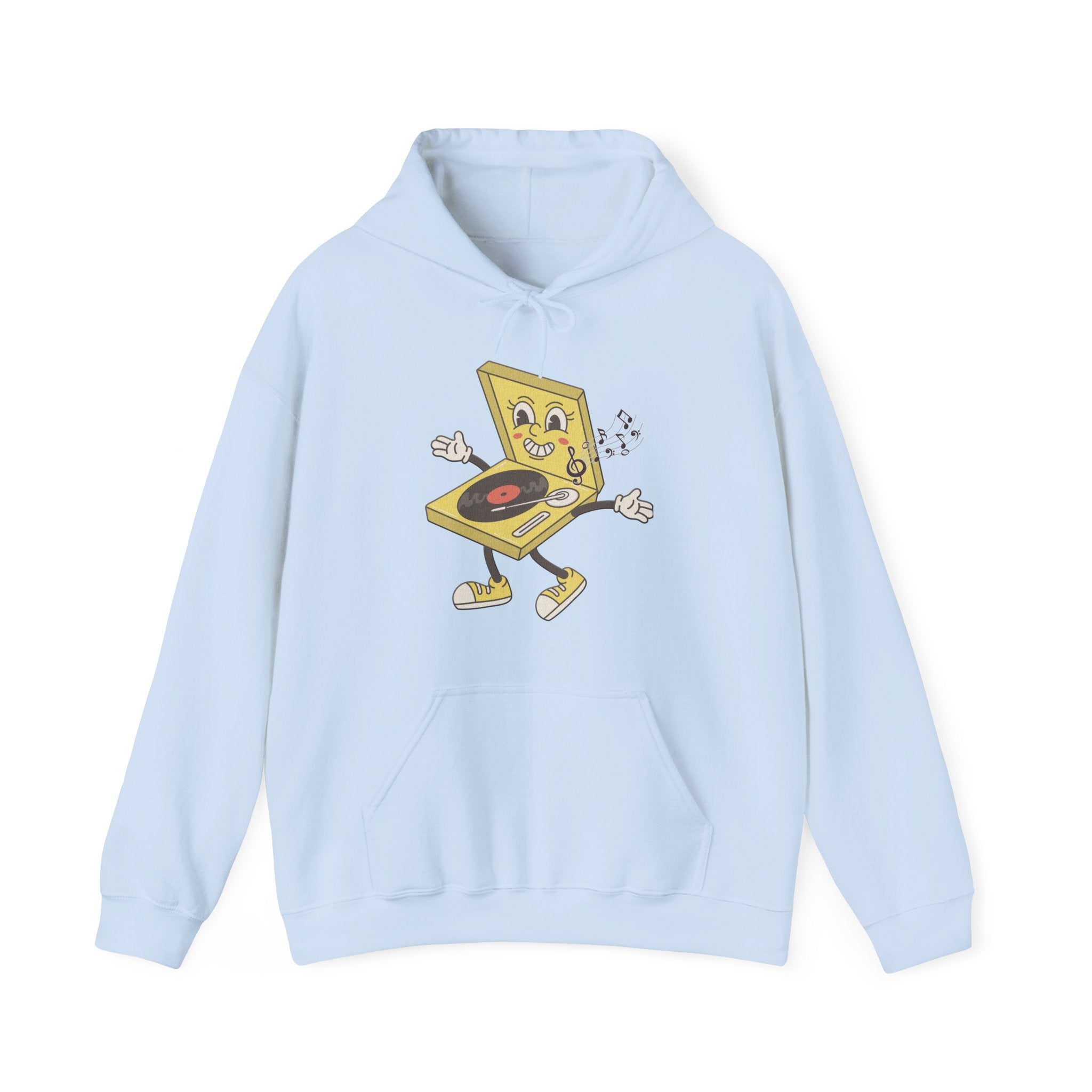 Light blue hoodie with a cartoon pizza box design on a white background