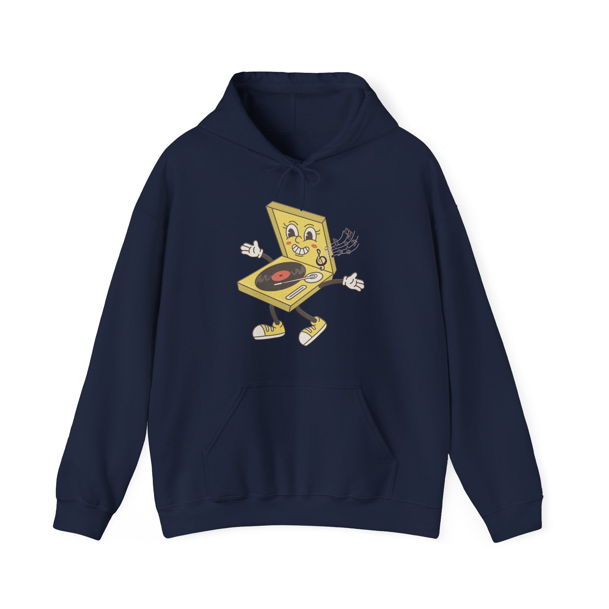 Navy blue hoodie with a cartoon pizza box character on a white background