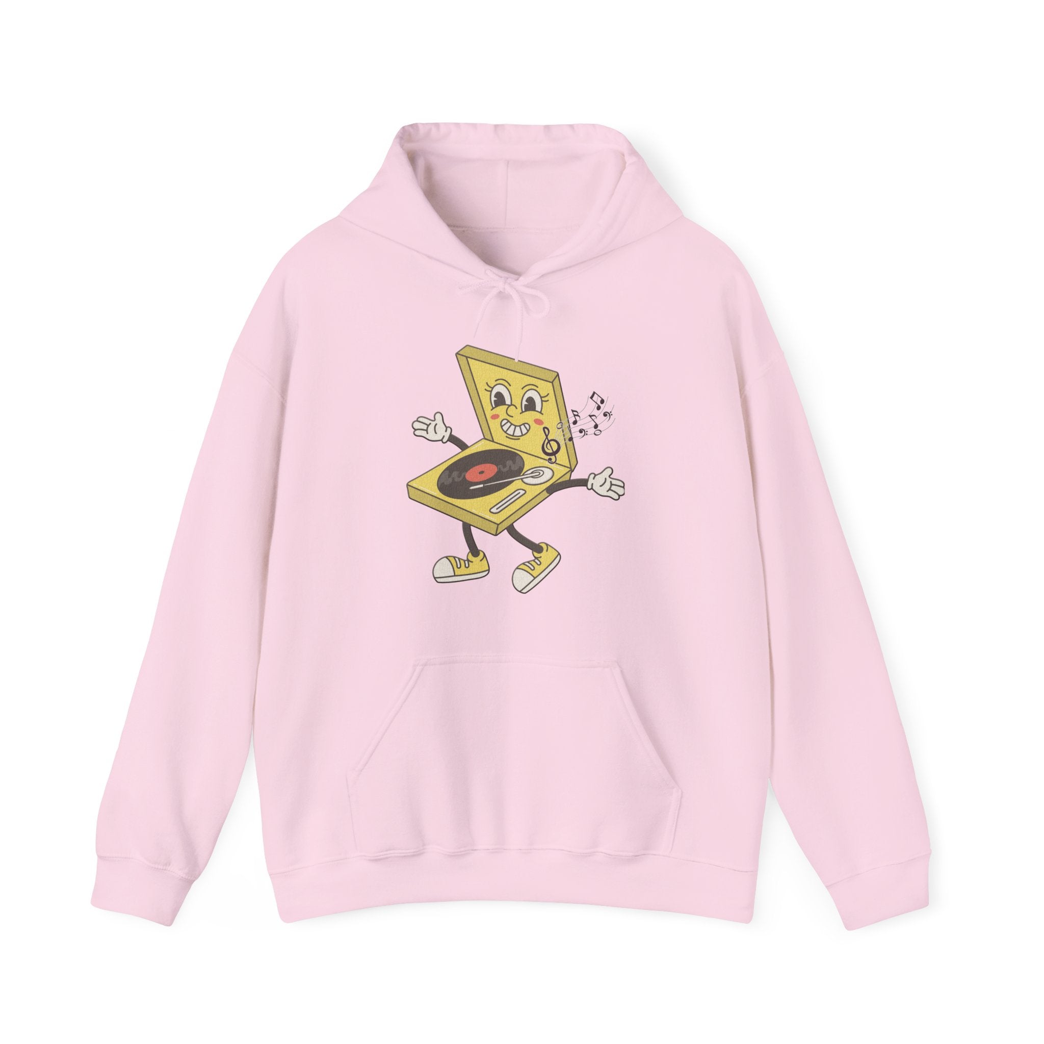Pink hoodie with a cartoon character design on a white background