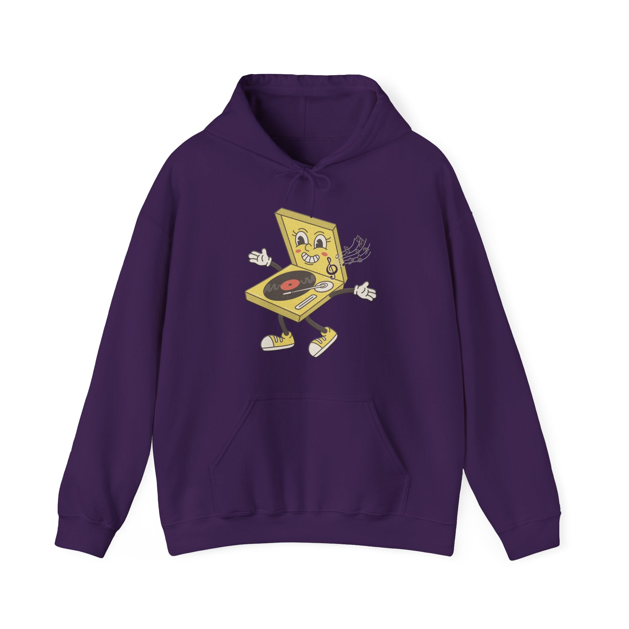Purple hoodie with a cartoon record player design on a white background