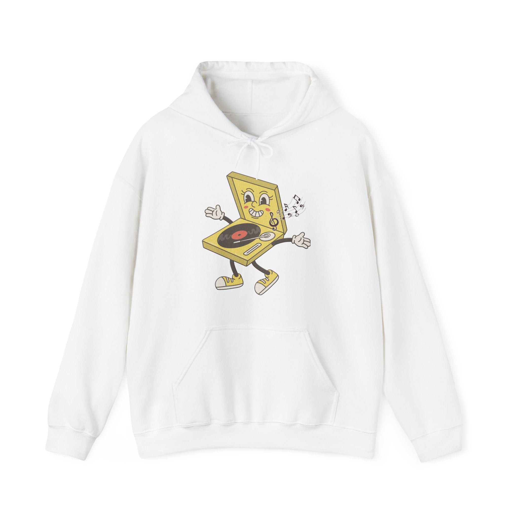 White hoodie with a cartoon pizza box design on a white background