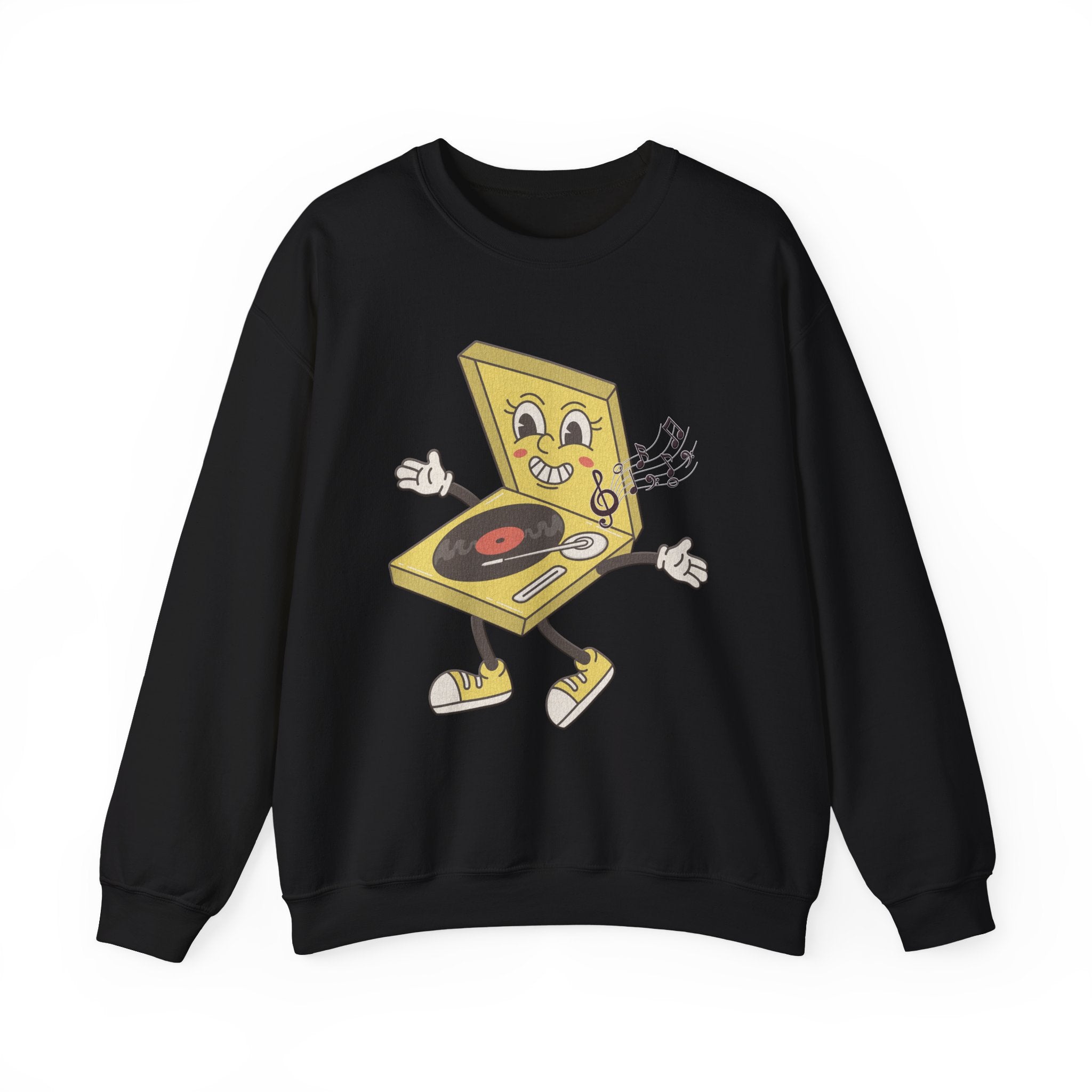 Black sweatshirt with a yellow vinyl player graphic and music notes on a white background