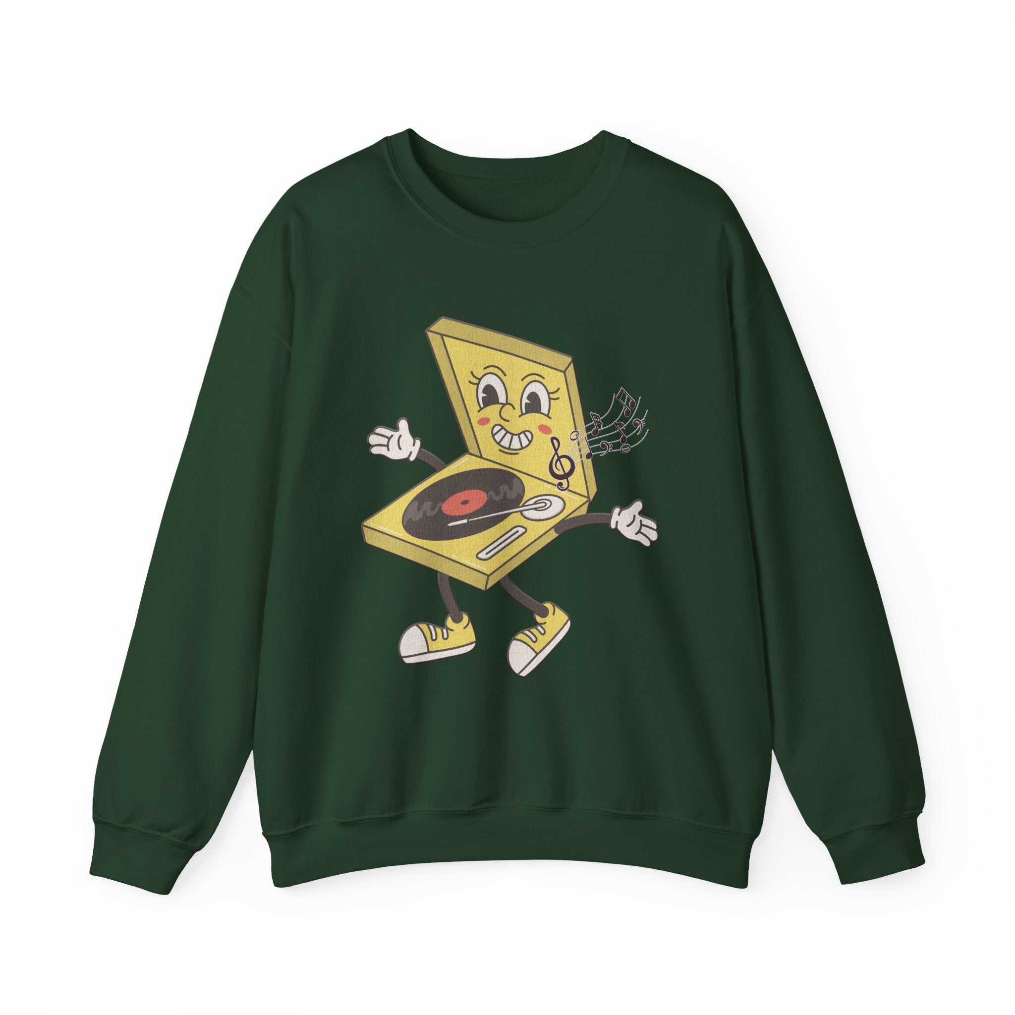 Forest green sweatshirt with a yellow vinyl player graphic and music notes on a white background