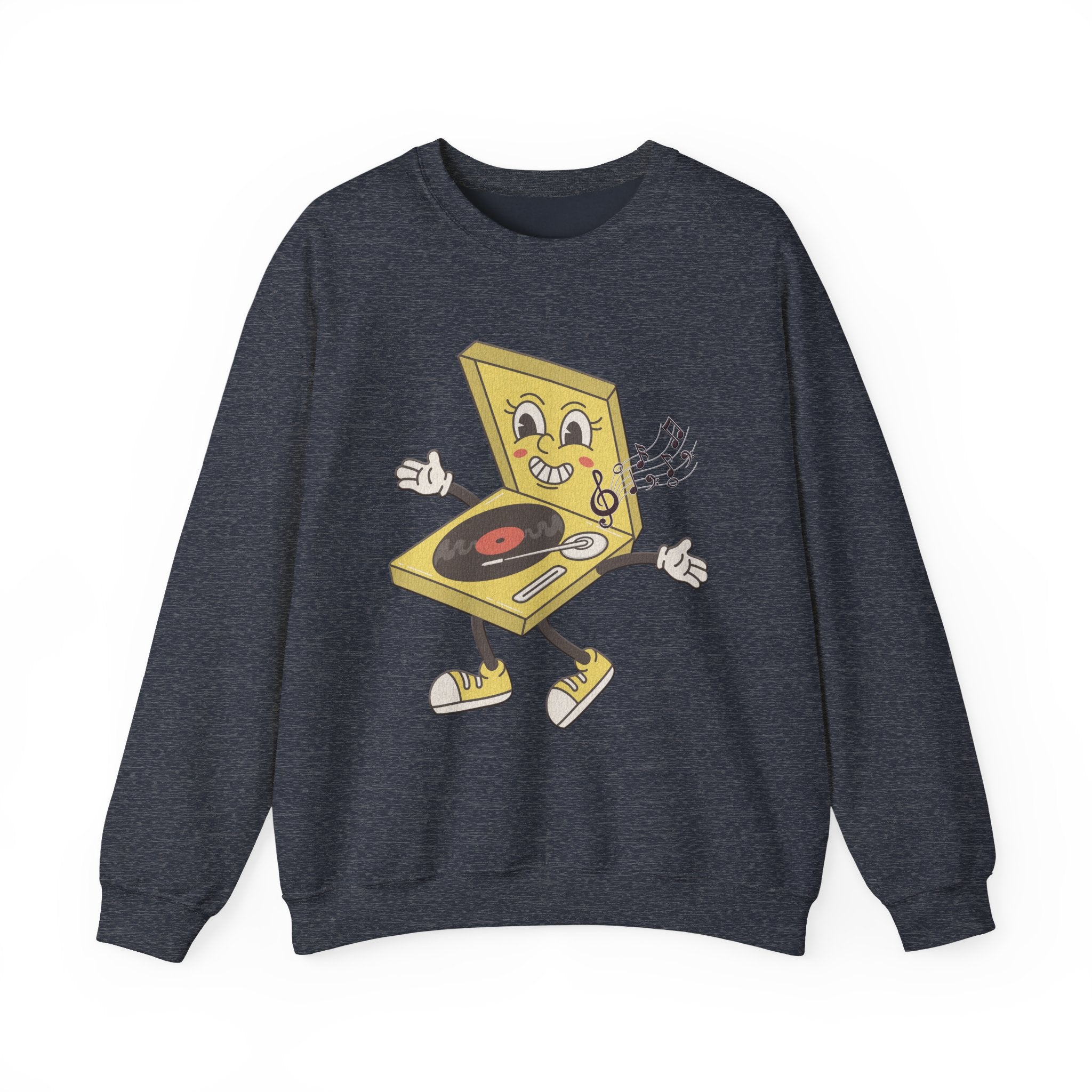 Heather sport dark navy sweatshirt with a yellow vinyl player graphic and music notes on a white background