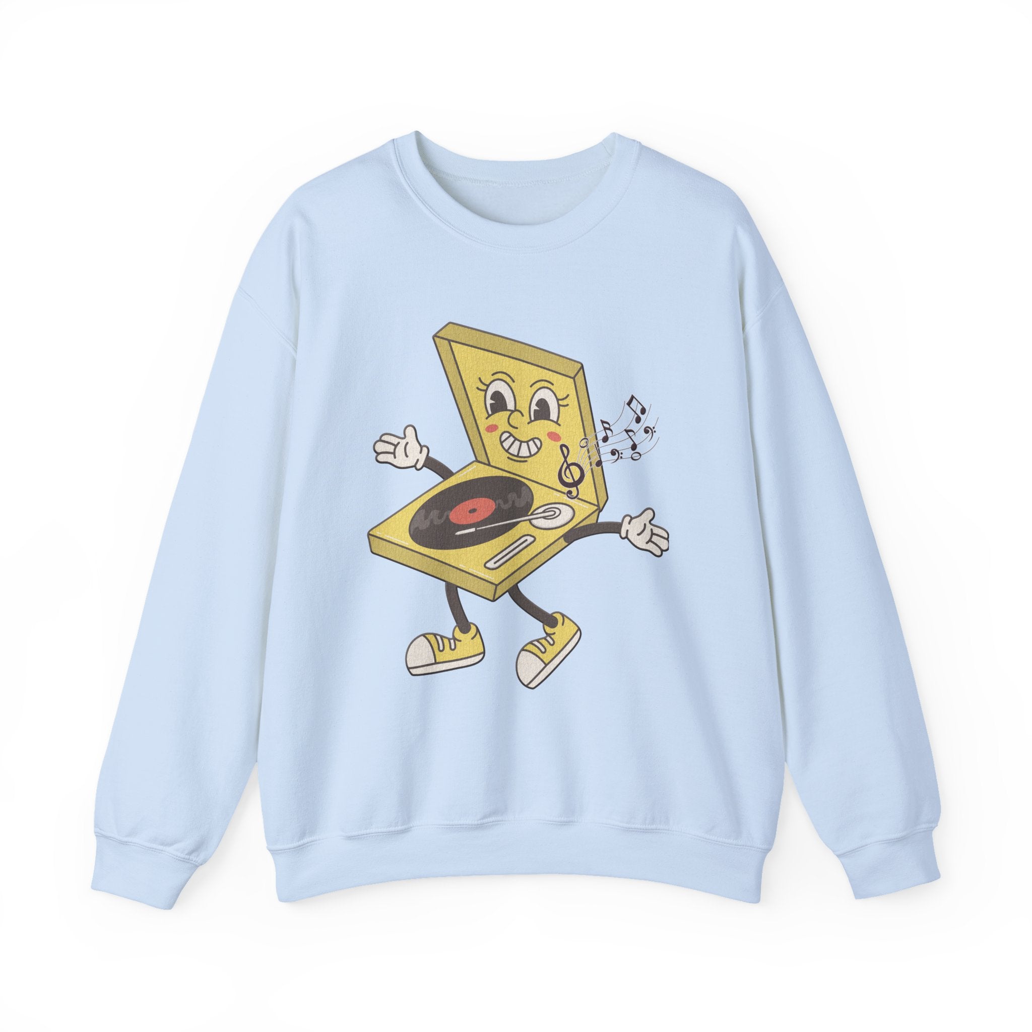 Light blue sweatshirt with a yellow vinyl player graphic and music notes on a white background