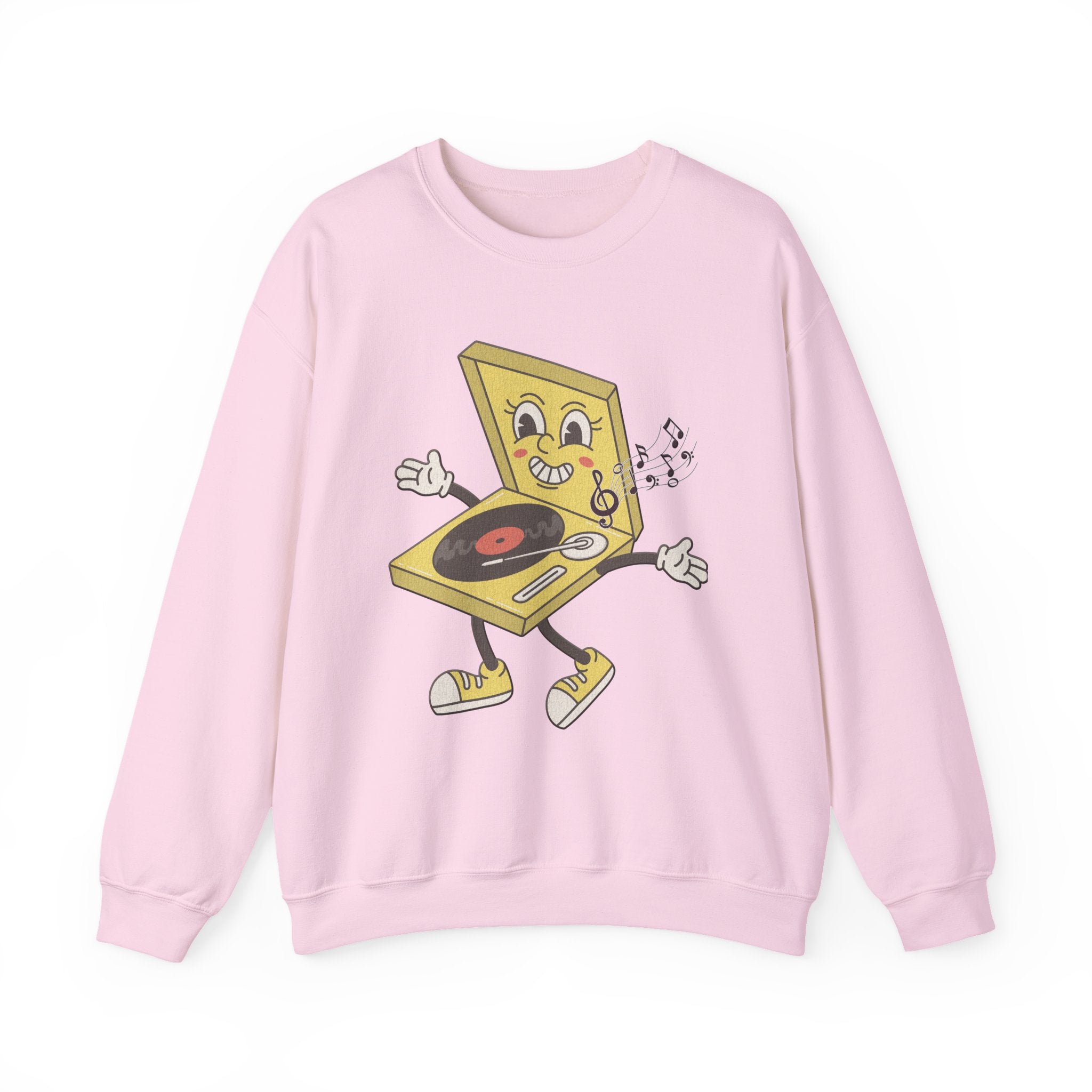 Light pink sweatshirt with a yellow vinyl player graphic and music notes on a white background