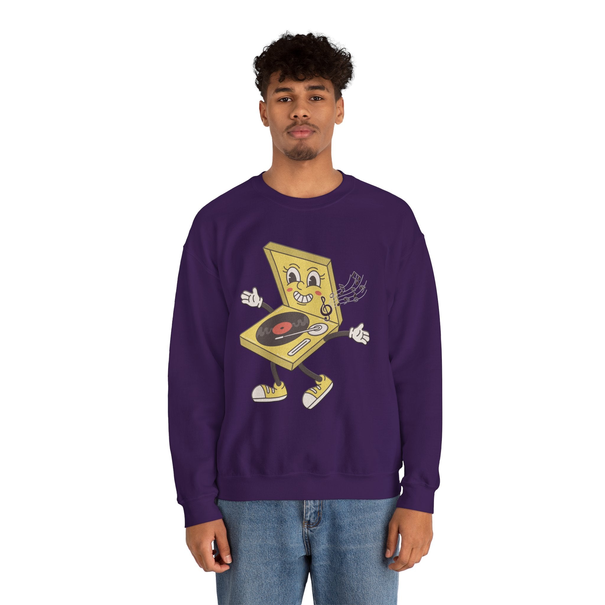 Person wearing a purple sweatshirt with a yellow vinyl player graphic and music notes on a white background