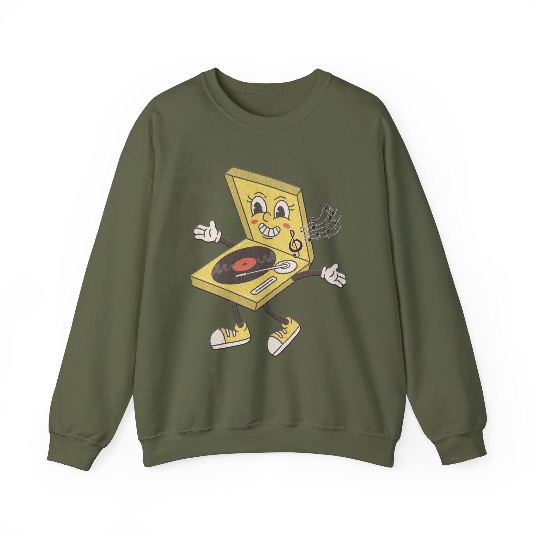 Military green sweatshirt with a yellow vinyl player graphic and music notes on a white background
