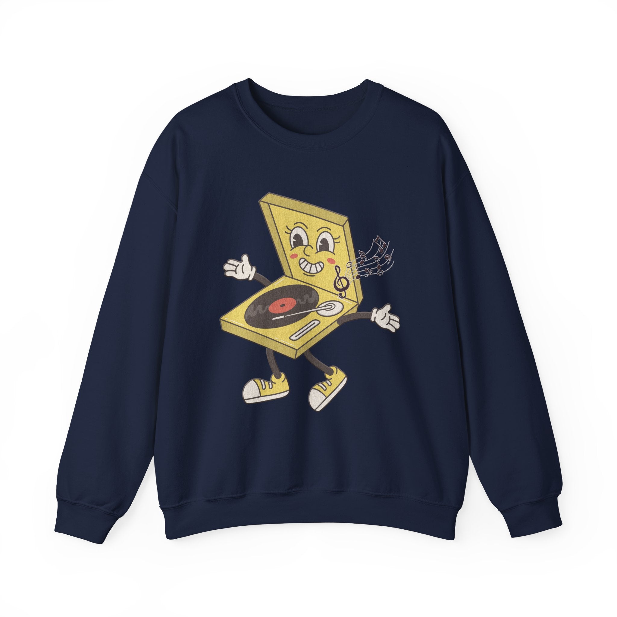 Navy blue sweatshirt with a yellow vinyl player graphic and music notes on a white background