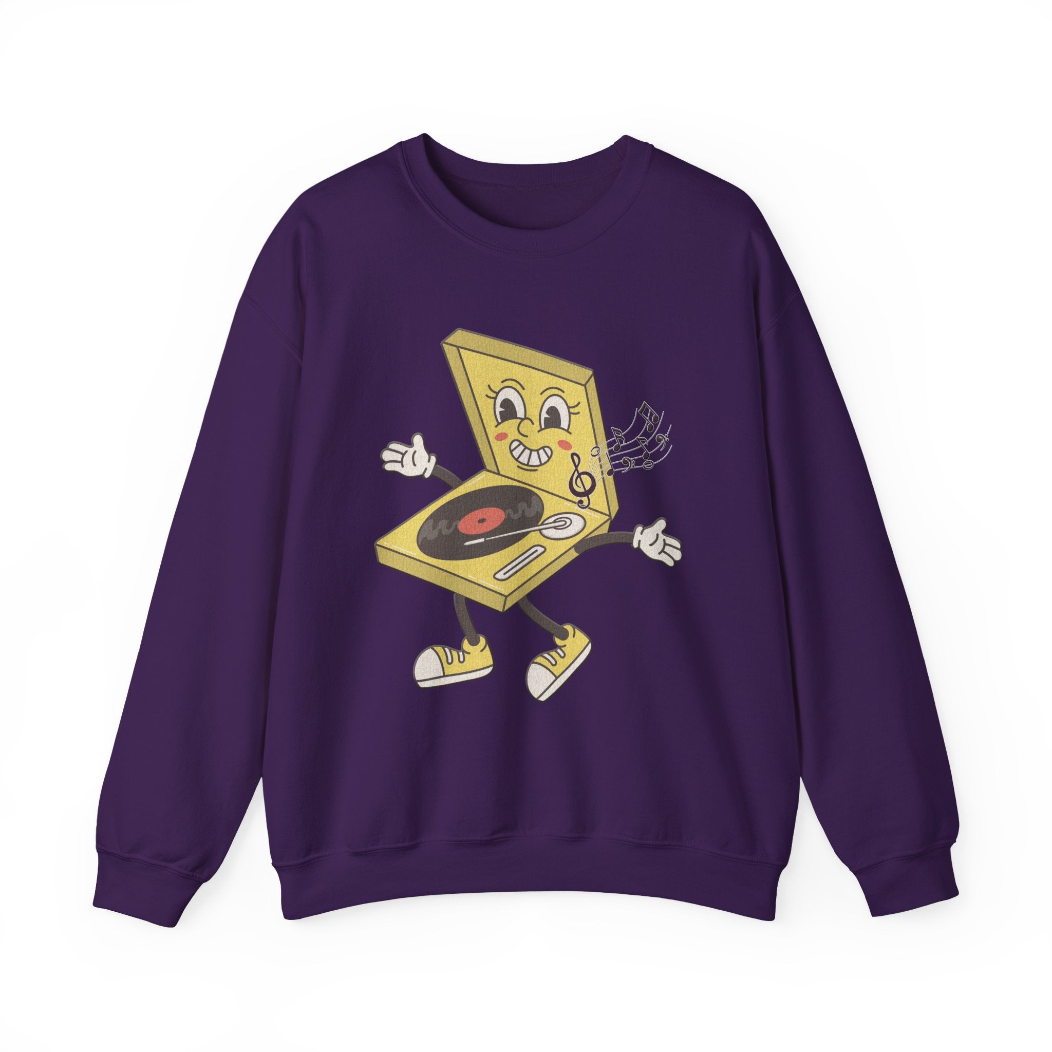 Purple sweatshirt with a yellow vinyl player graphic and music notes on a white background