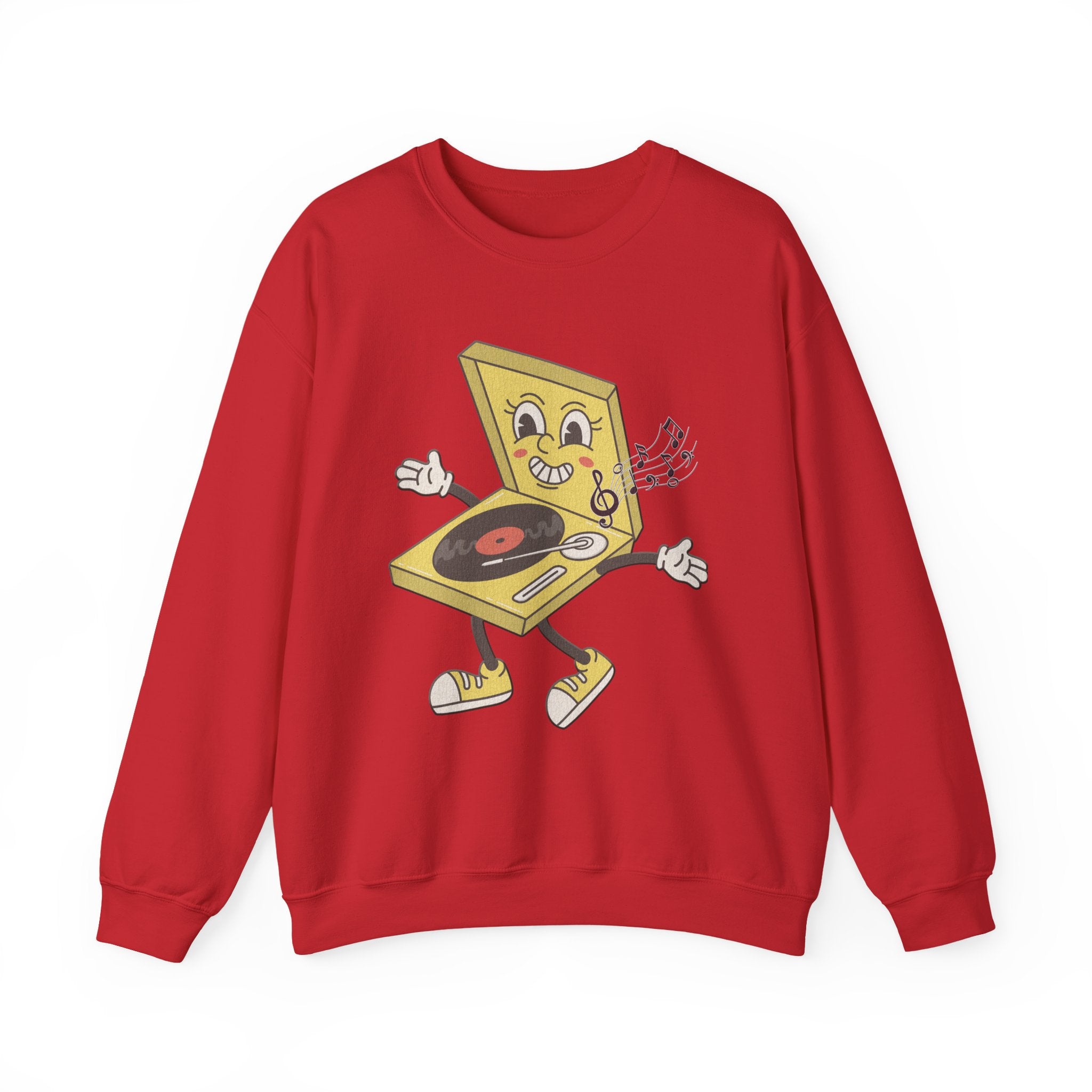 Red sweatshirt with a yellow vinyl player graphic and music notes on a white background