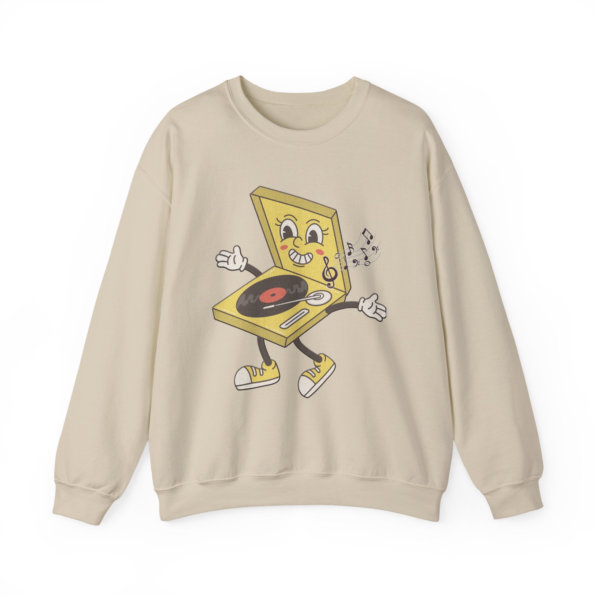 Beige sweatshirt with a yellow vinyl player graphic and music notes on a white background