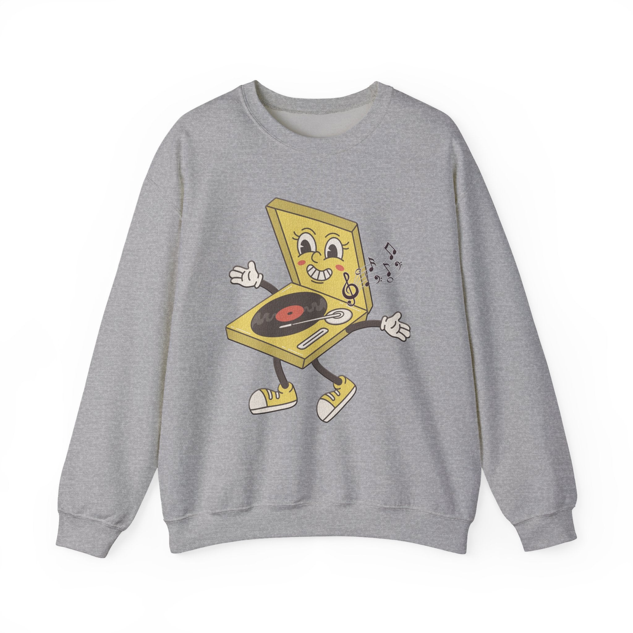 Gray sweatshirt with a yellow vinyl player graphic and music notes on a white background