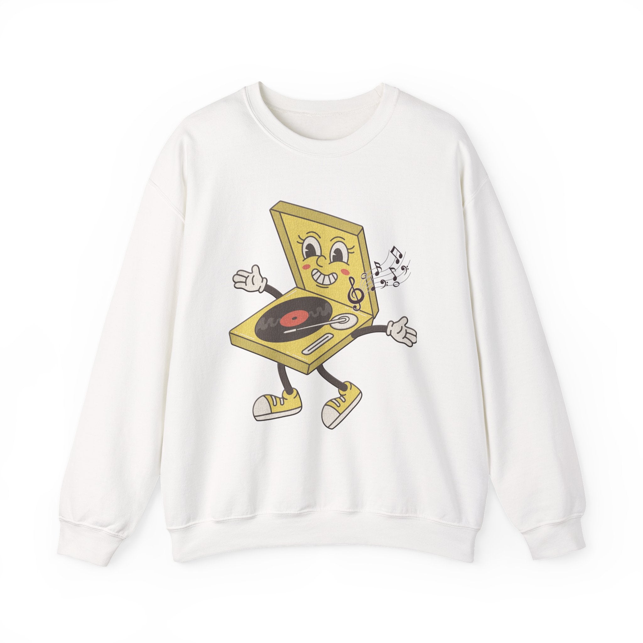 White sweatshirt with a yellow vinyl player graphic and music notes on a white background