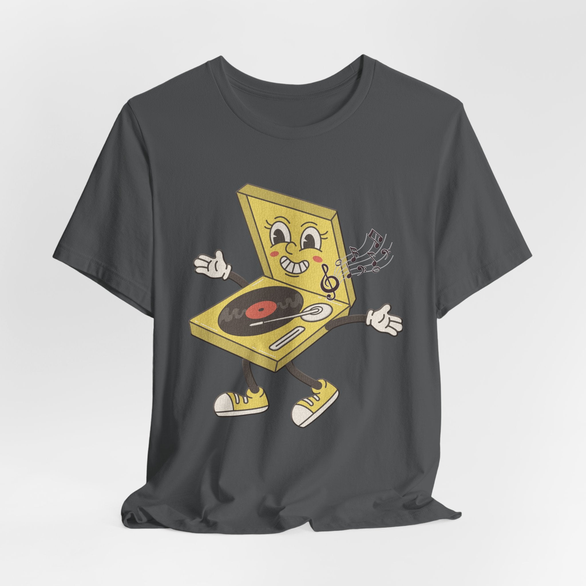 Asphalt Gray t-shirt with a cartoon pizza box character on a white background