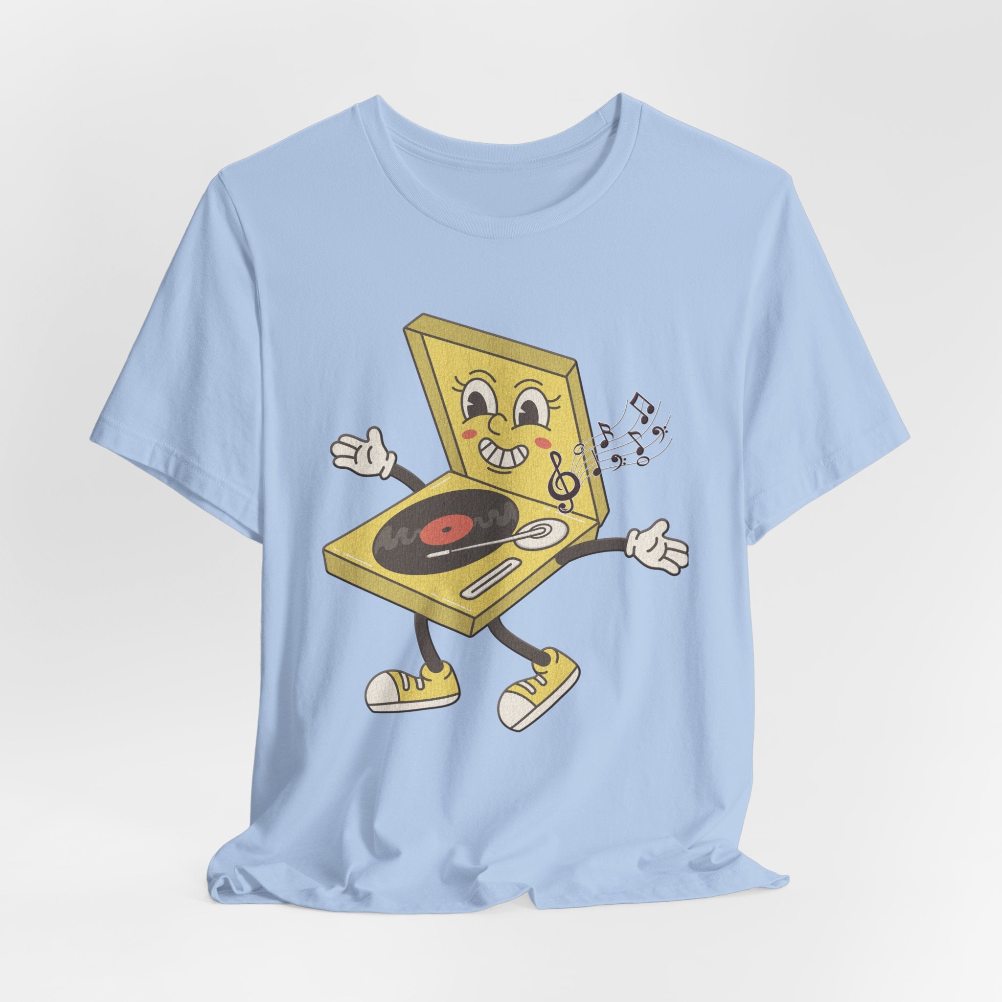Baby blue t-shirt with a cartoon record player design on a white background