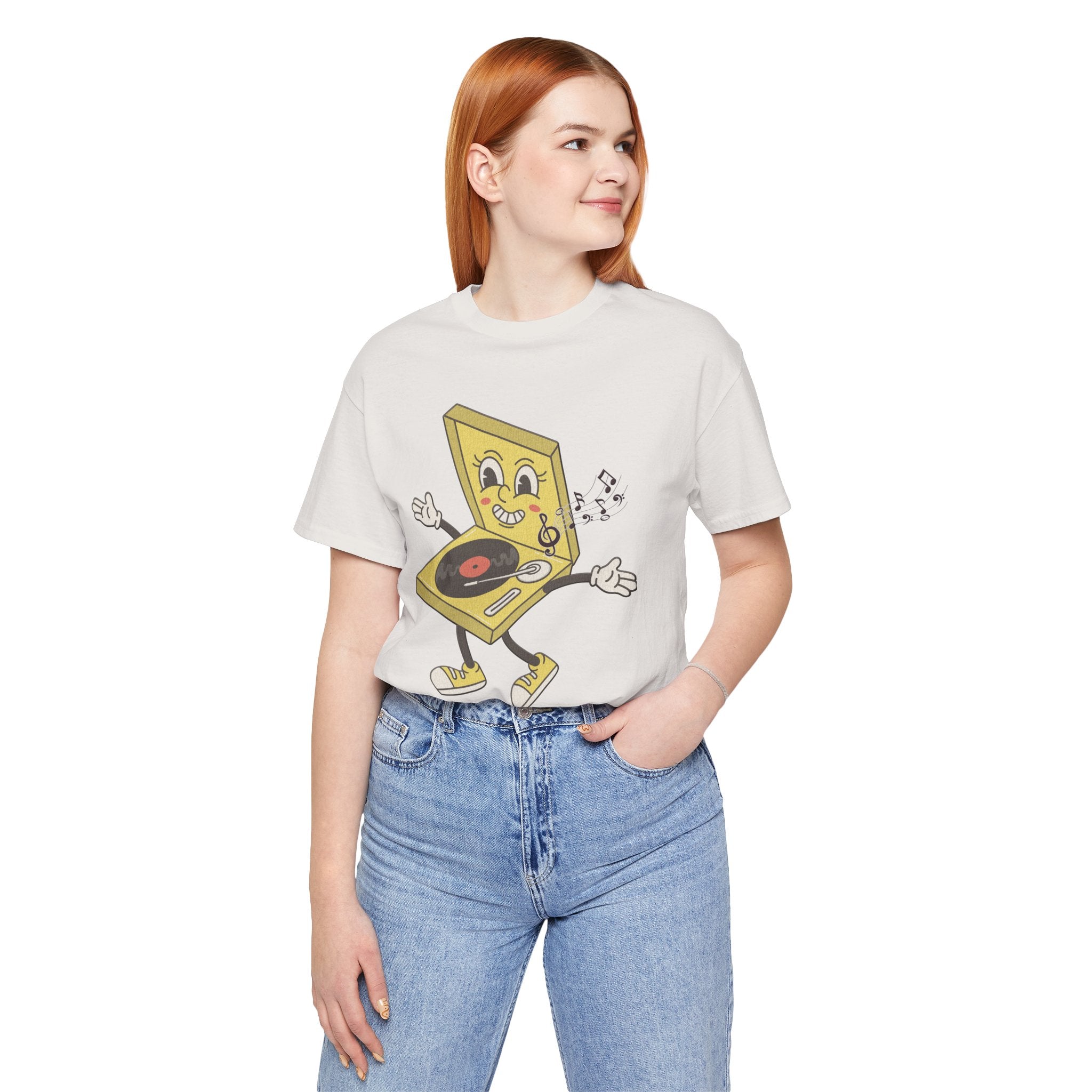 Person wearing a t-shirt with a cartoon character design on a white background
