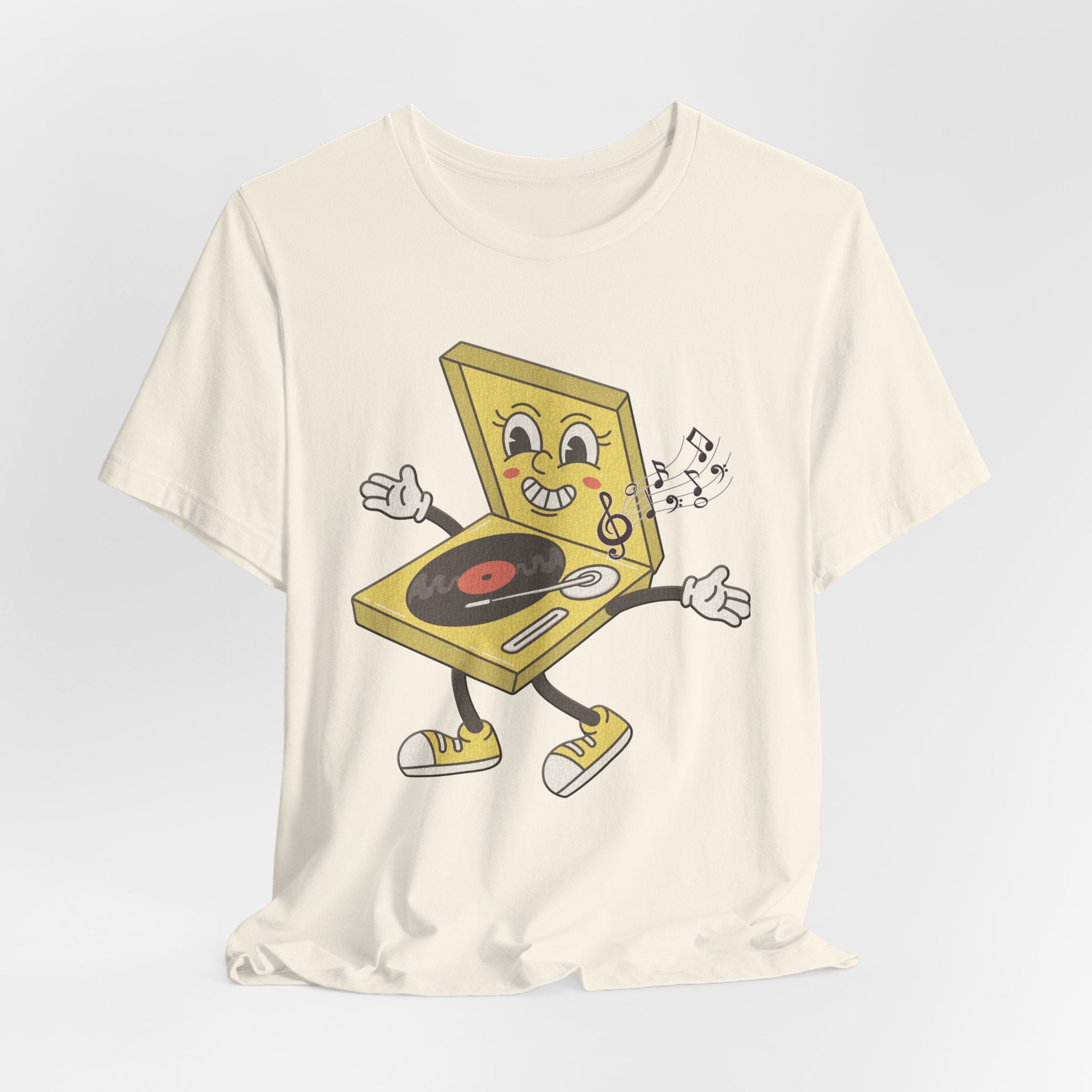 Ivory beige t-shirt with a cartoon record player design on a light gray background