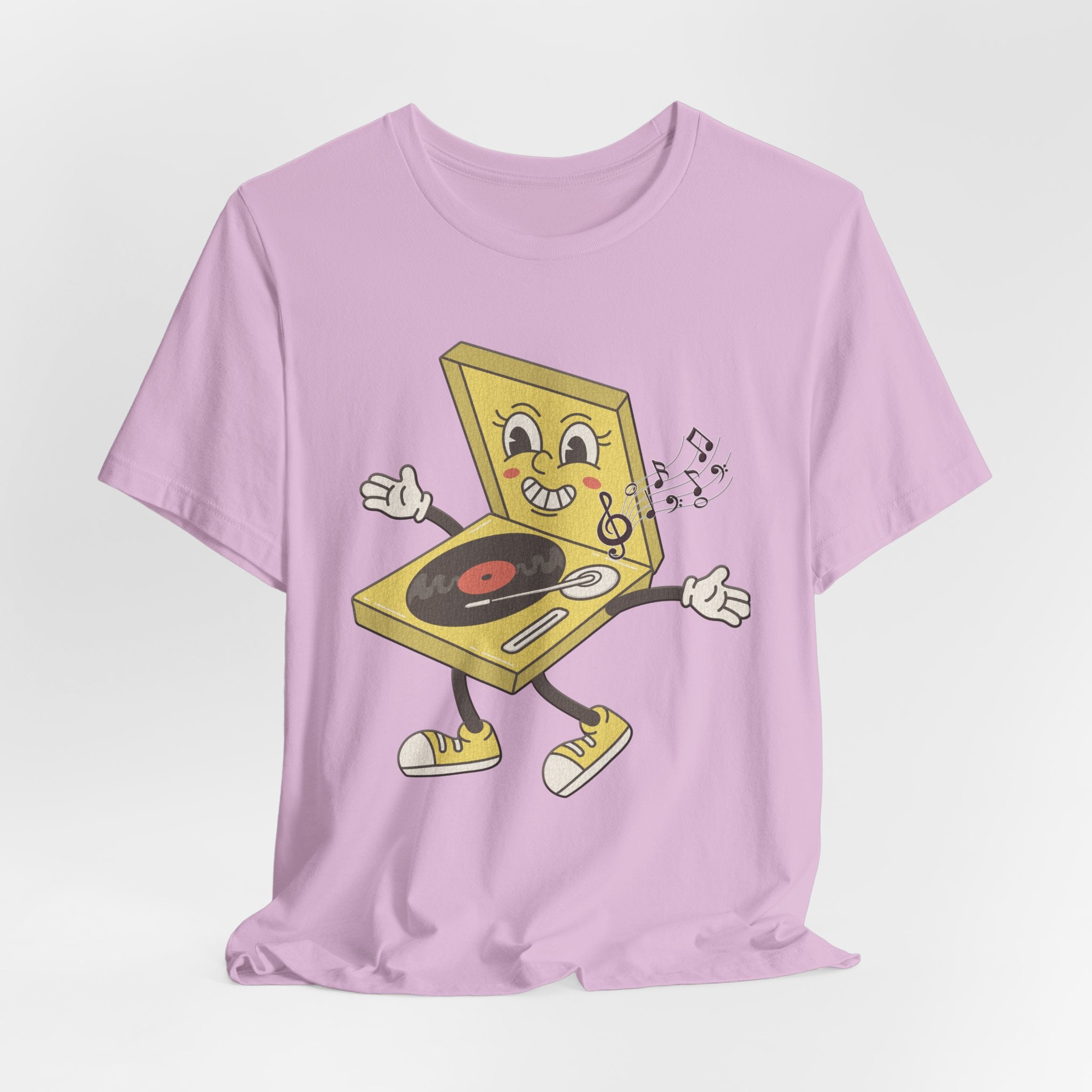 Lilac pink t-shirt with a cartoon record player design on a light gray backgroun