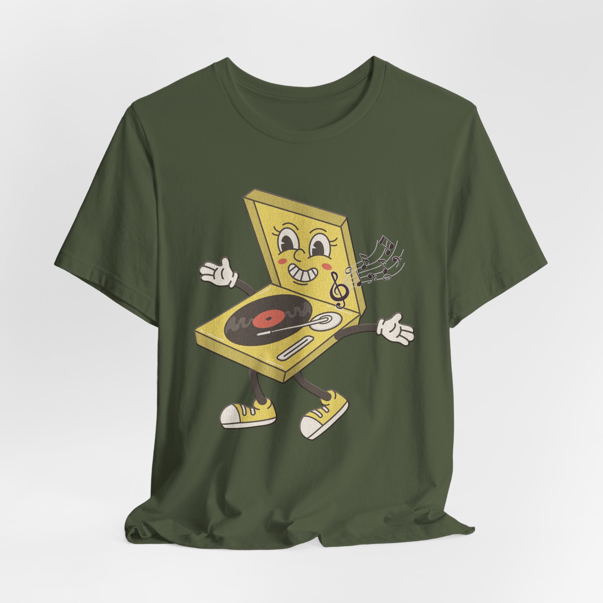 Military green t-shirt with a cartoon pizza box character on a white background