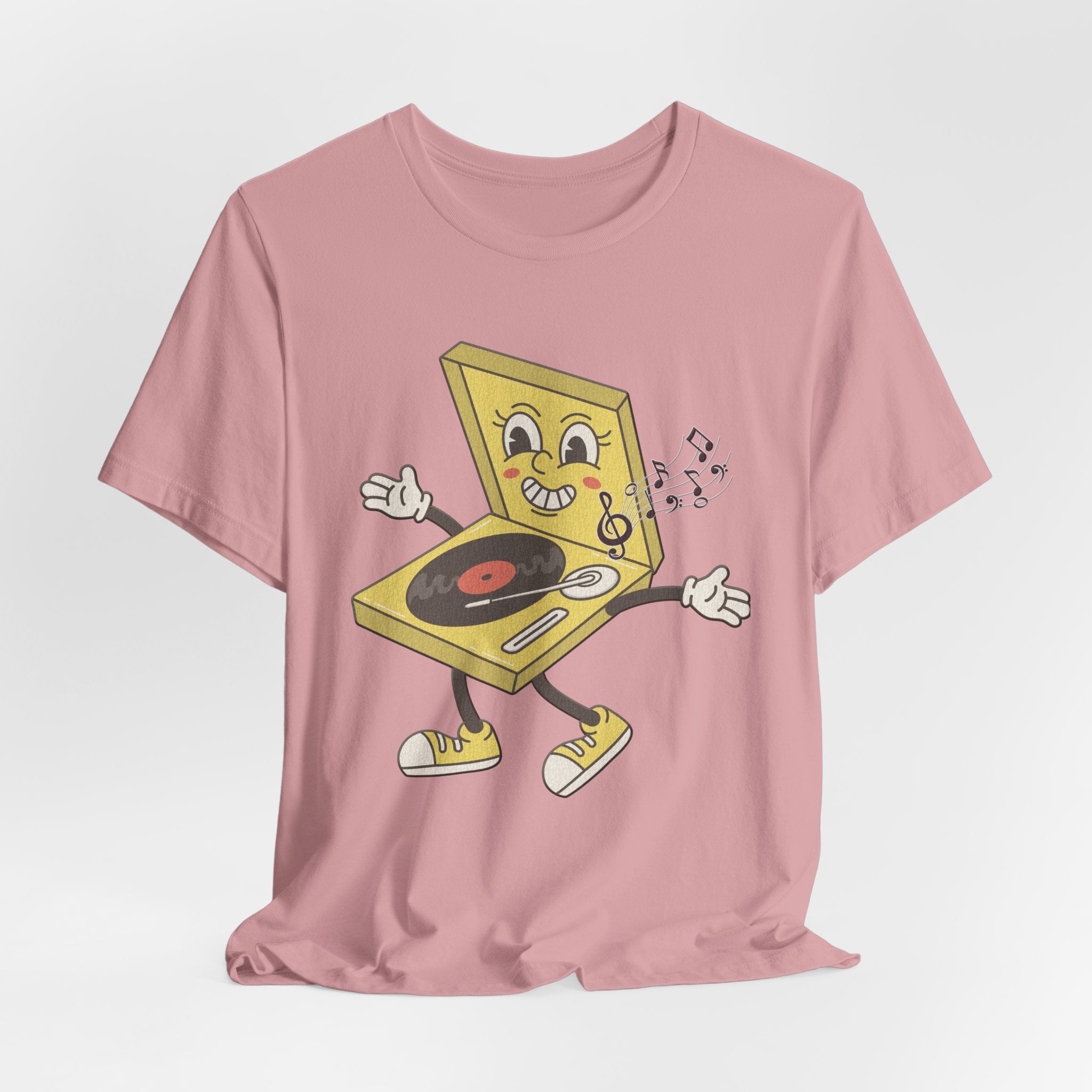 Orchid pink t-shirt with a cartoon record player design on a white background