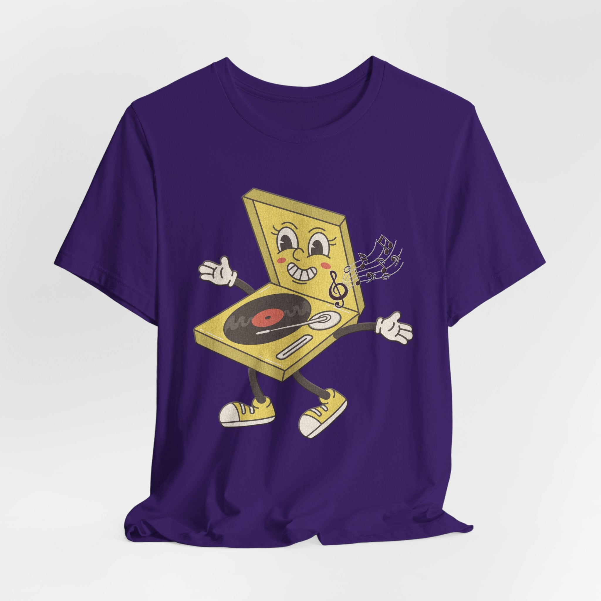 Purple t-shirt with a cartoon record player design on a white background
