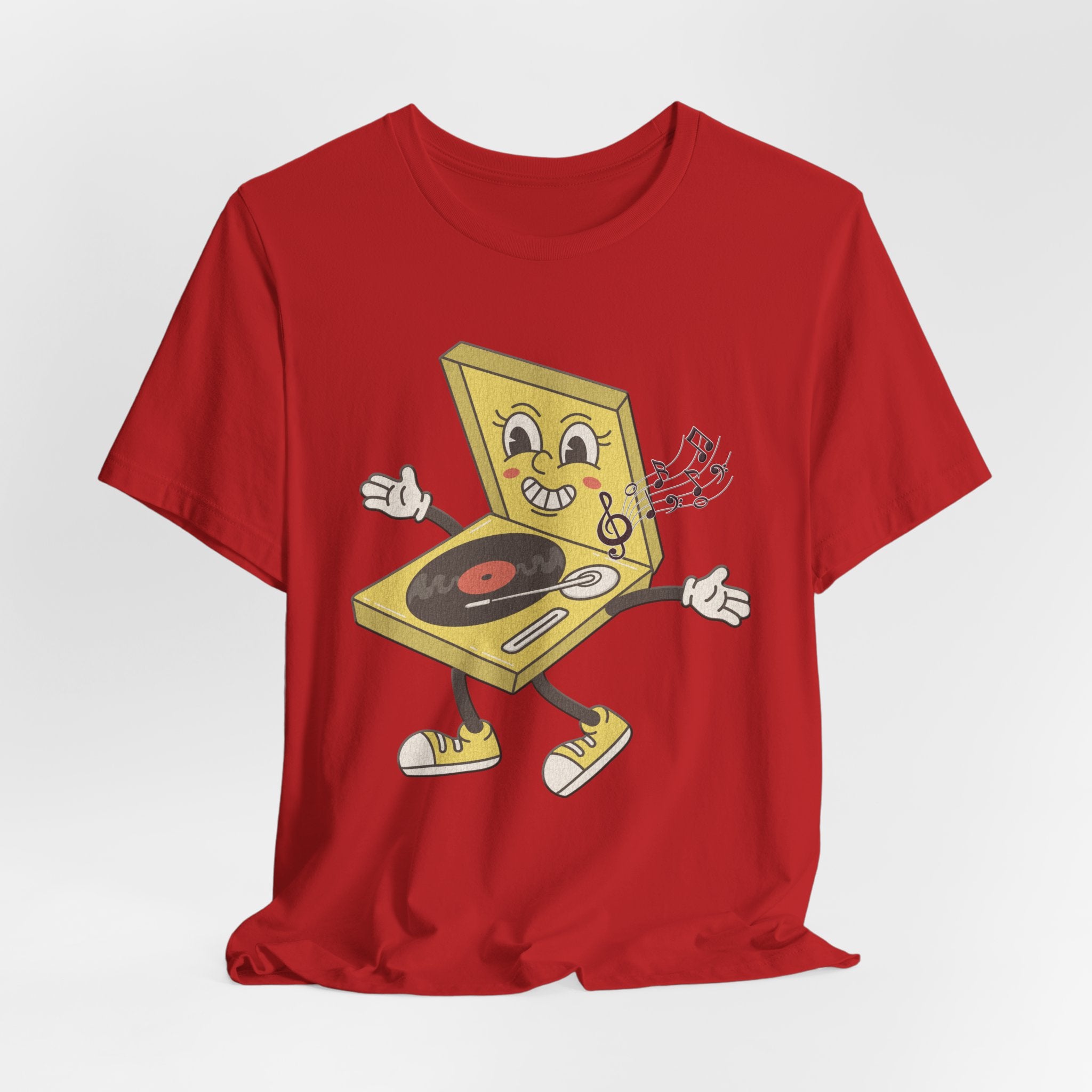 Red t-shirt with a cartoon record player design on a white background