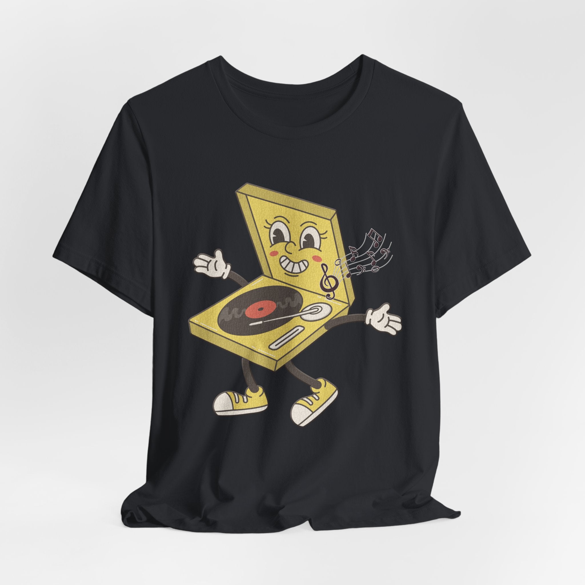 Vintage black t-shirt with a cartoon pizza box character on a white background