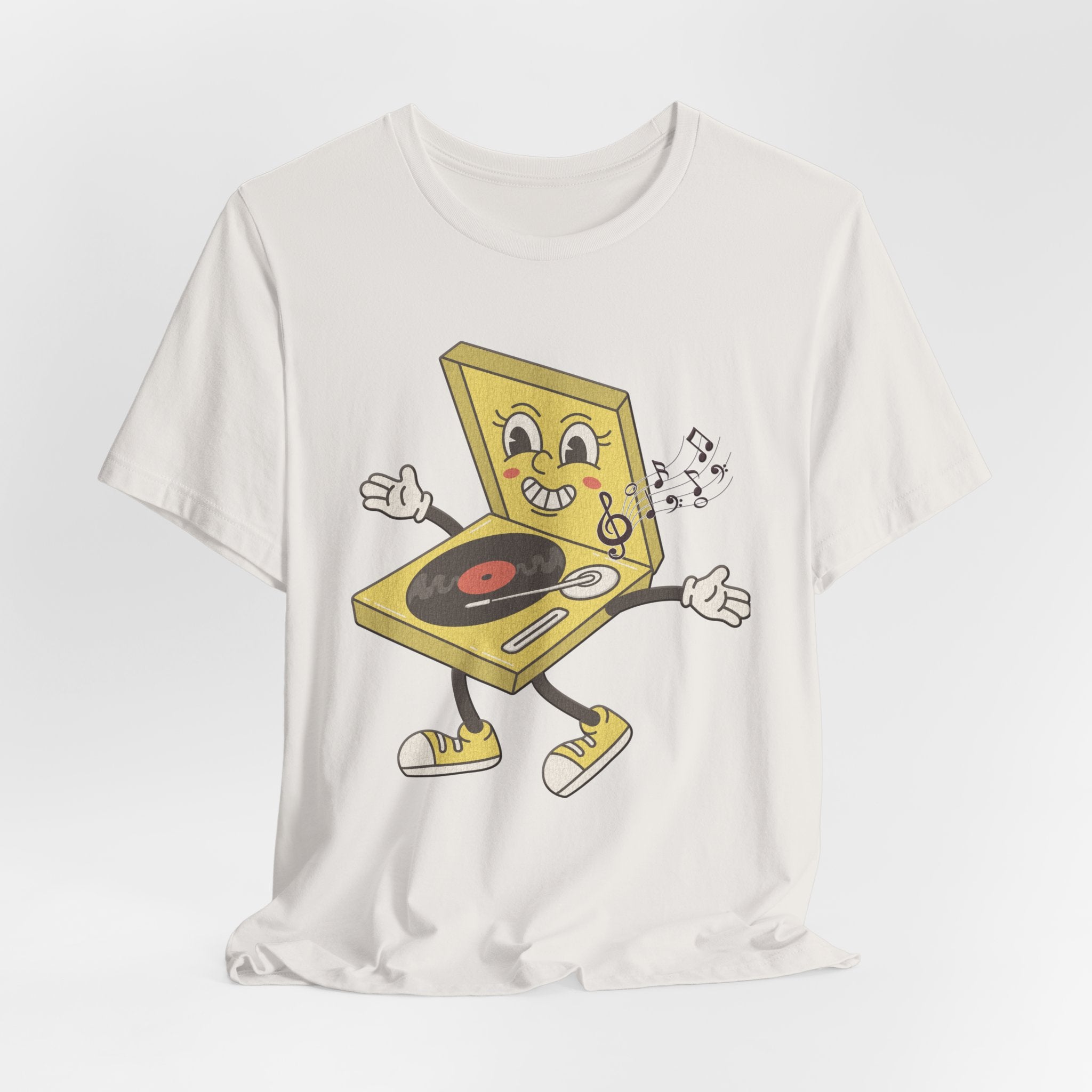 Vintage white t-shirt with a cartoon record player design on a white background
