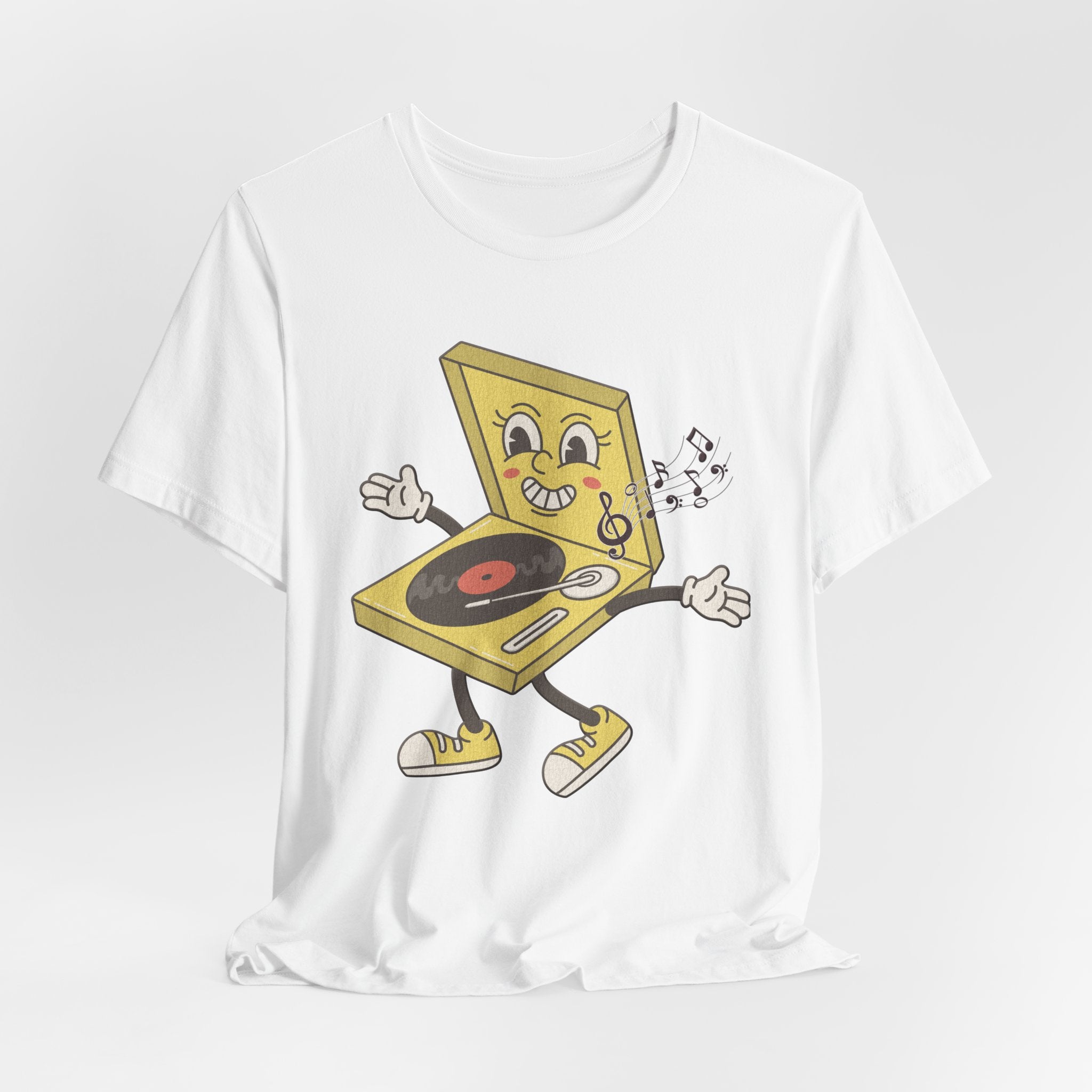 White t-shirt with a cartoon record player design on a white background
