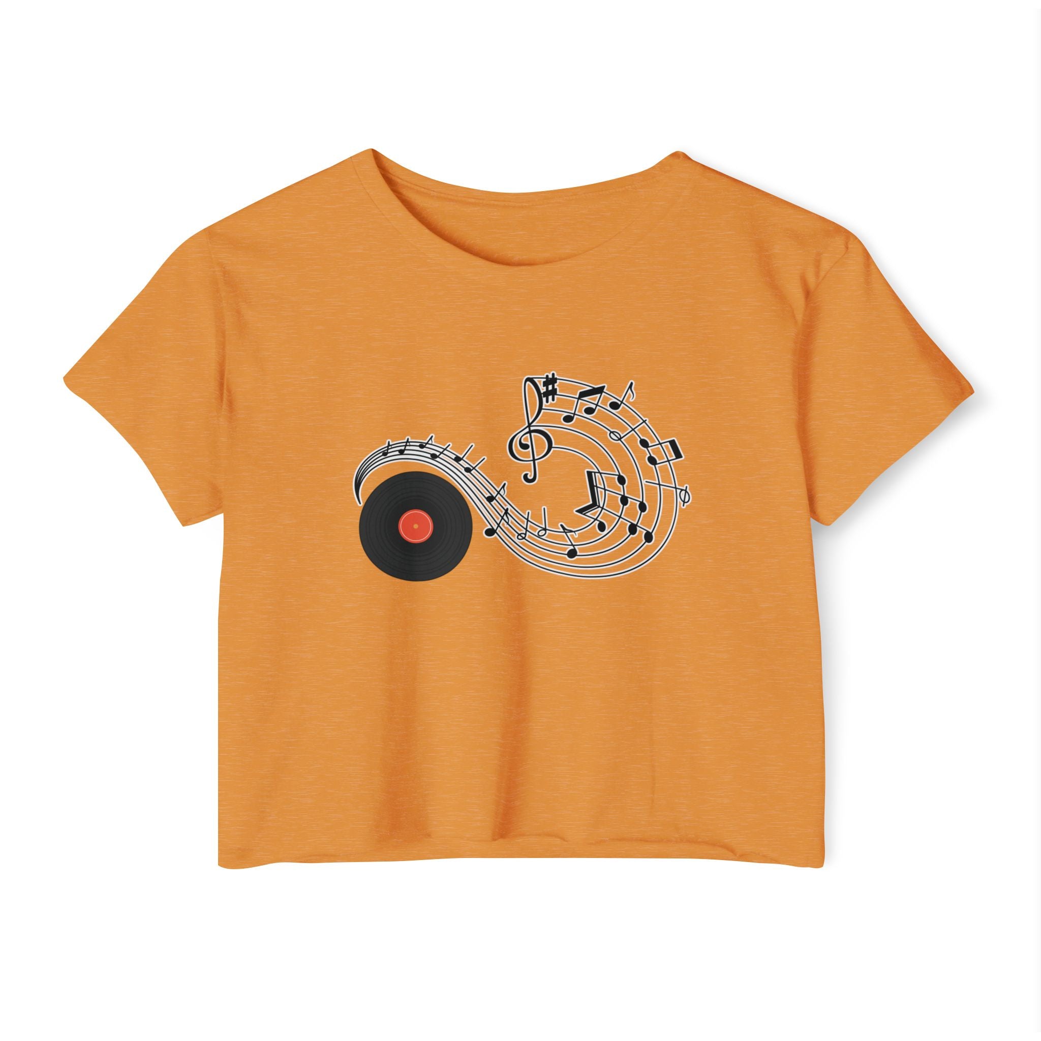 Antique gold orange t-shirt with vinyl and music-themed design on a white background