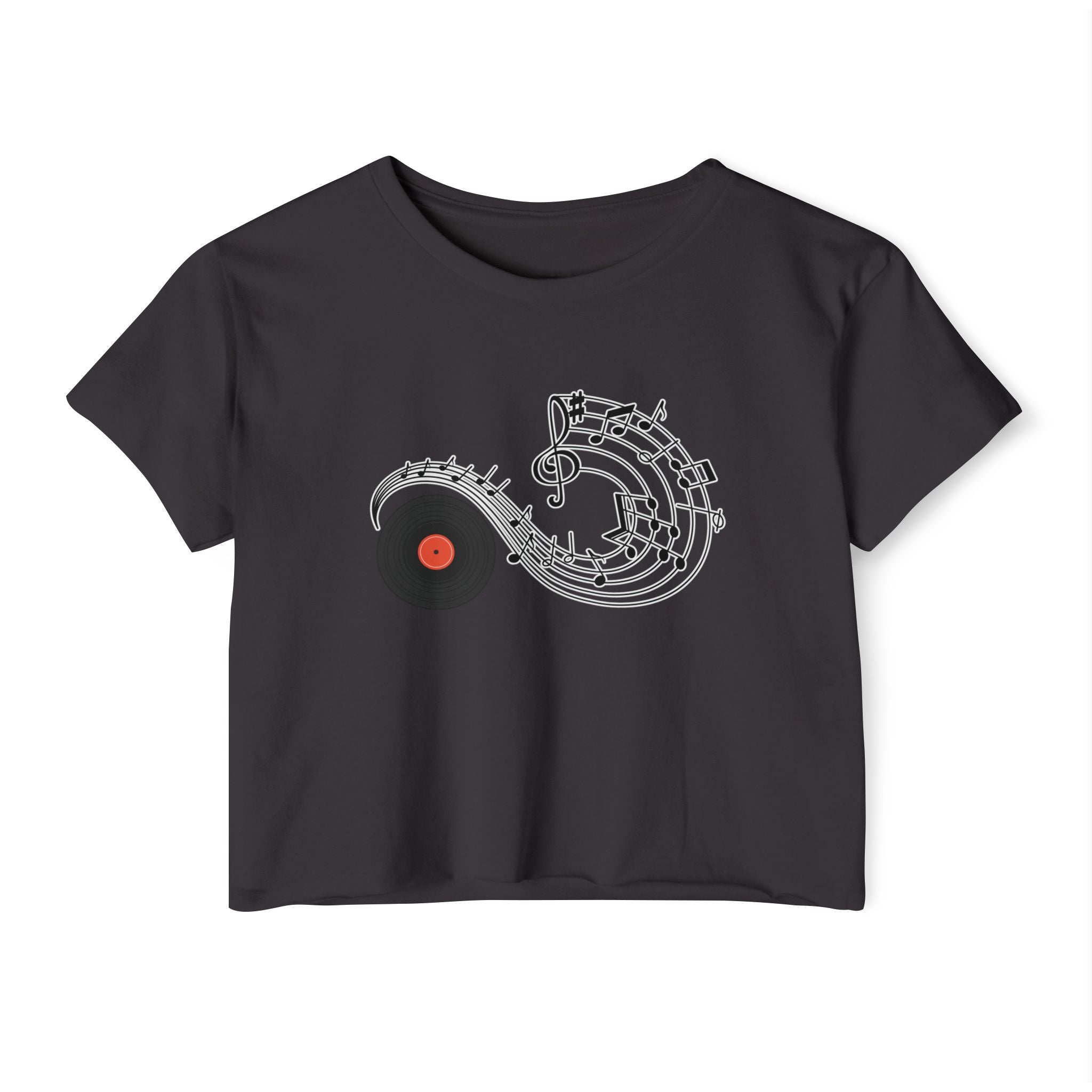 Black t-shirt with vinyl and music-themed design on a white background