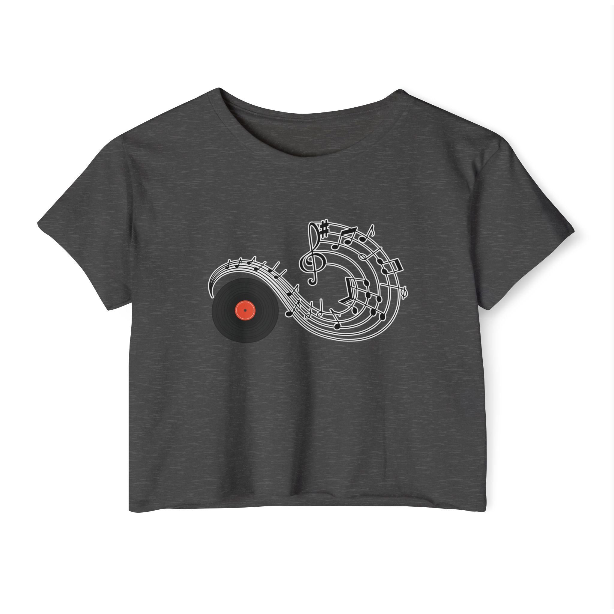 Charcoal gray t-shirt with vinyl and music-themed design on a white background