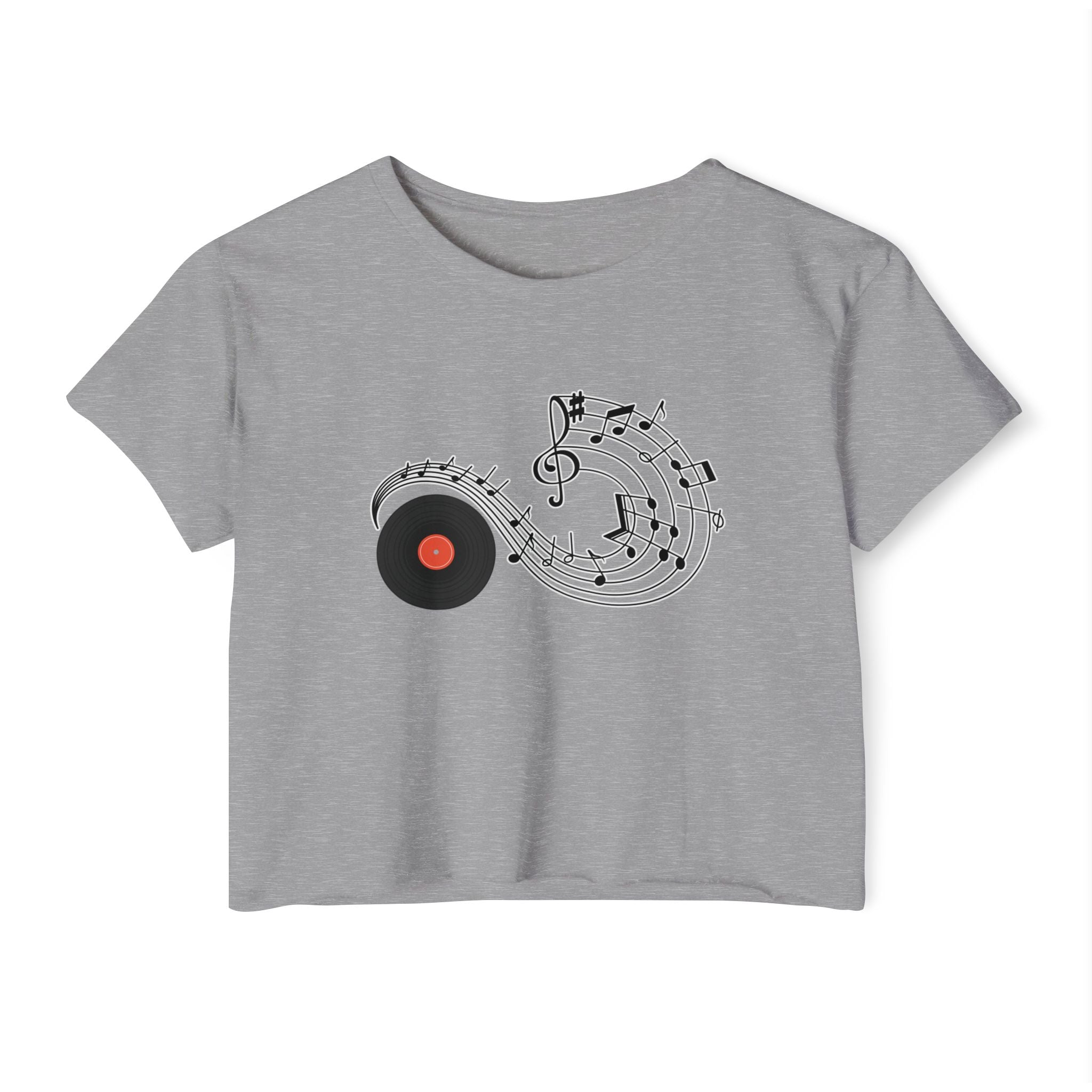 Gray t-shirt with vinyl and music-themed design on a white background