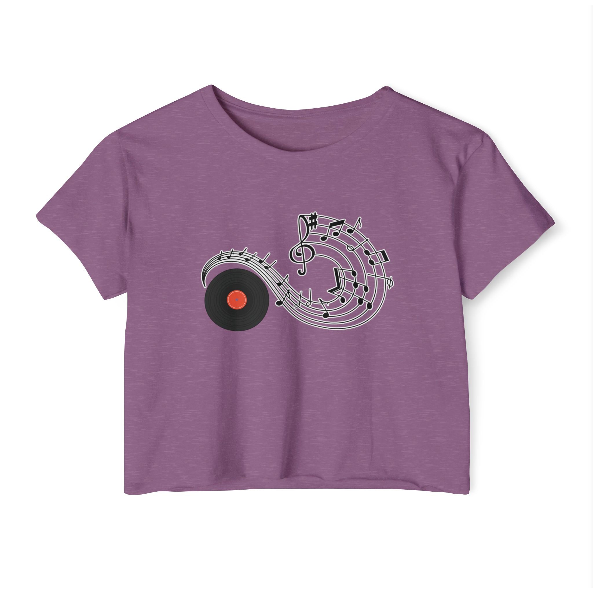 Shiraz purple t-shirt with vinyl and music-themed design on a white background
