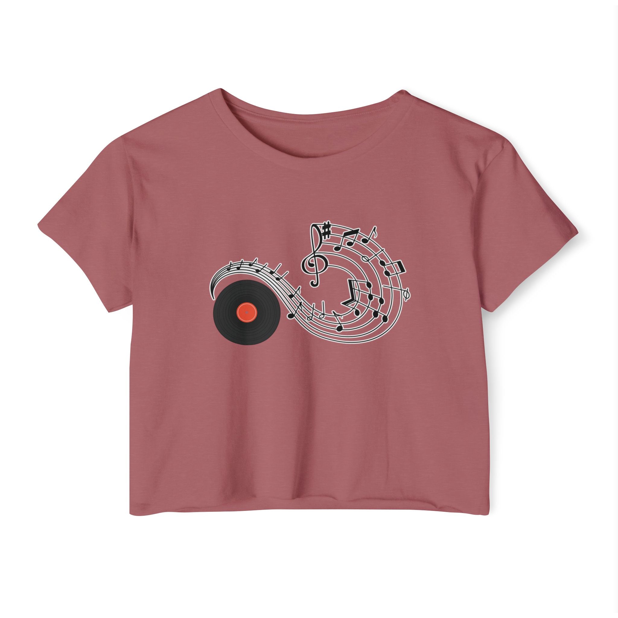 Smoked paprika t-shirt with vinyl and music-themed design on a white background